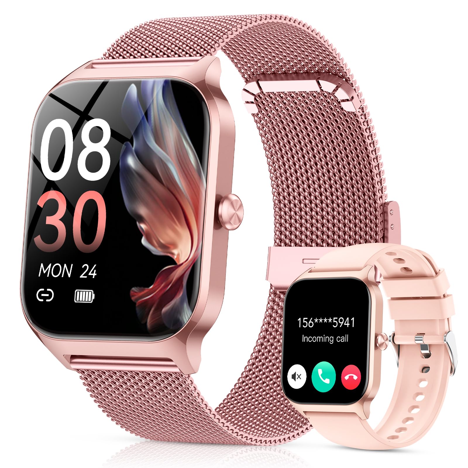 Smartwatch Damen mit Telefonfunktion,1.85'' HD Fitnessuhr,Smart Watch for Women mit 200+ Sportmodi,Fitness Tracker mit Herzfrequenz,SpO2,Schrittzähler & Schlafmonitor, IP68 für iOS Android-Roségold