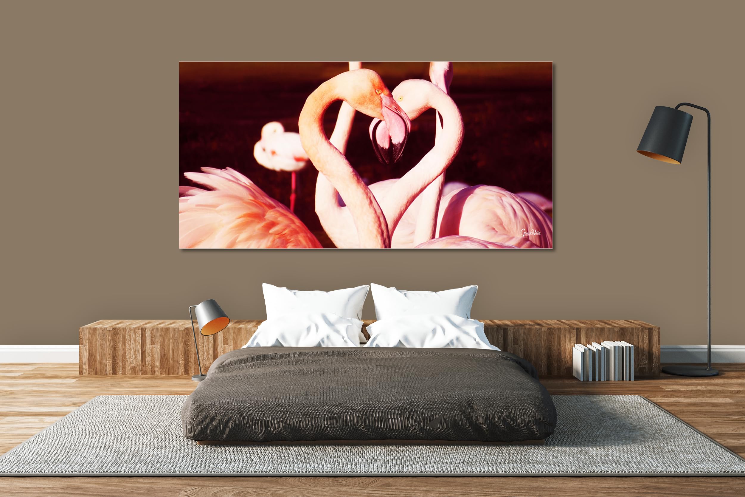 Glücksvilla - Flamingos in Love (Leinwand-Bild 2 cm, 160 x 80 cm) | div. Maße - aus DE - Kunstdruck Deko Wandbild quer - Vogel Tier See Meer Liebe Herz Frankreich