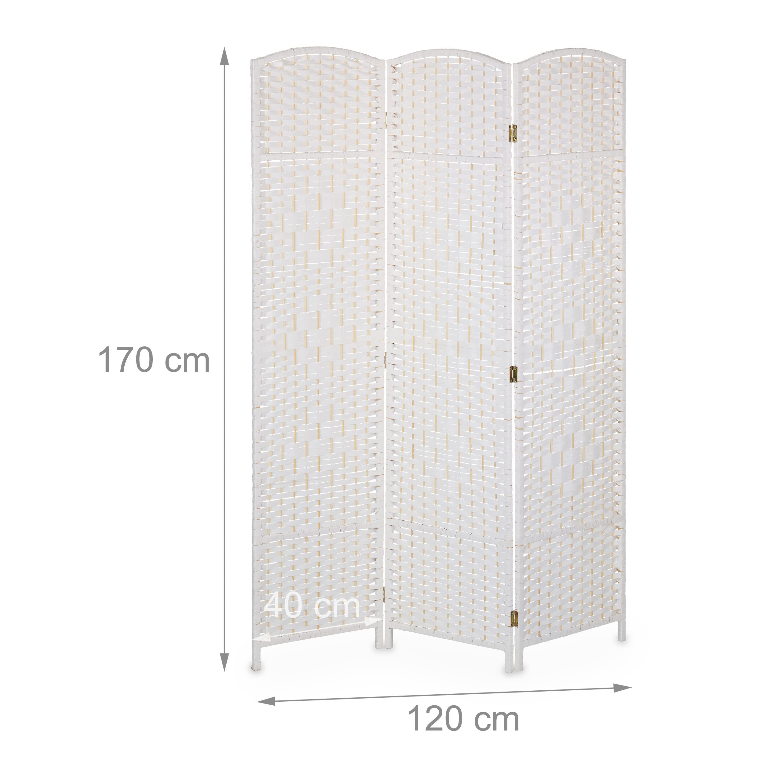 Relaxdays Biombo 3 Paneles, 170 x 120 cm, Tabique Interior, Madera y Cuerda Papel, Separador Ambientes Plegable, Blanco