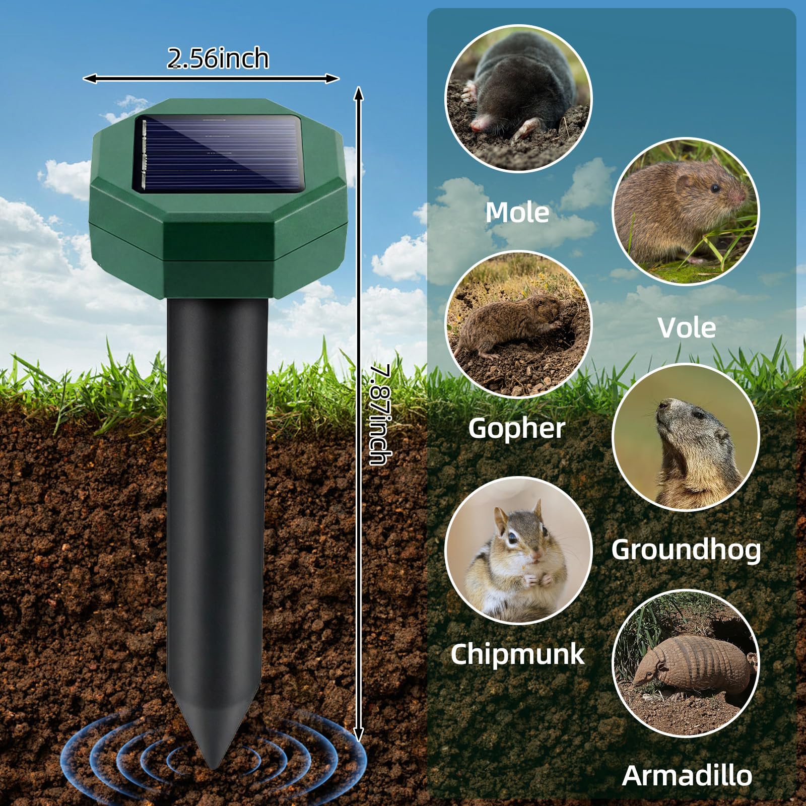 8 Packungen Schlange Maulwurfschreck Solarbetrieben Maulwurf Streifenhörnchen Wühlmausschreck Sonic Spikes Ultraschall Gopher Abschreckung Outdoor IP65 Wasserdicht