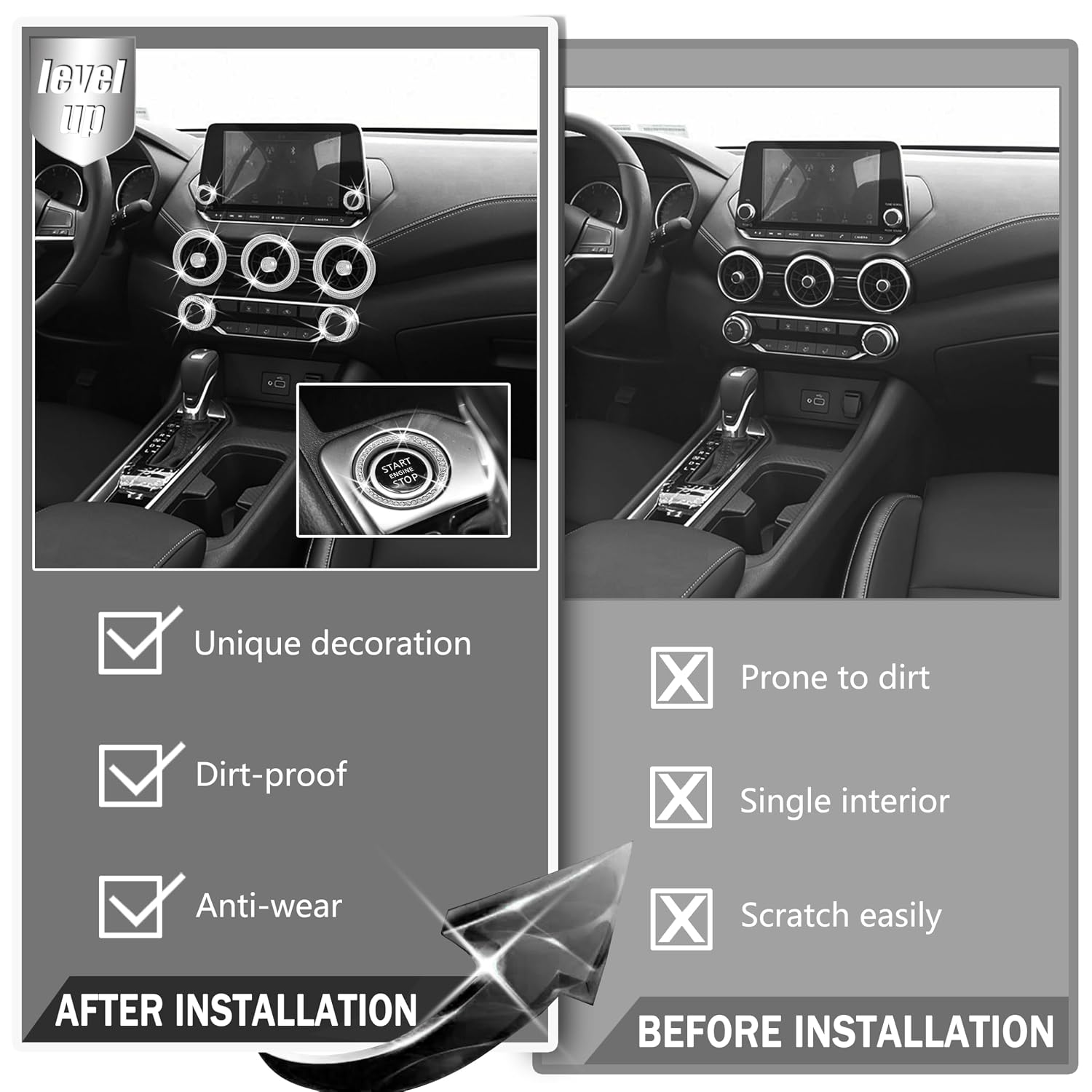 for Nissan Sentra 2025 2024 2020-2023 Accessories Knob Cover Set - Volume Tune Knob Covers, Air Conditioner, Air Vent Outlet Rings/Covers Push Start Stop Button Ring Trim for Sentra, 11Pcs (Bling)