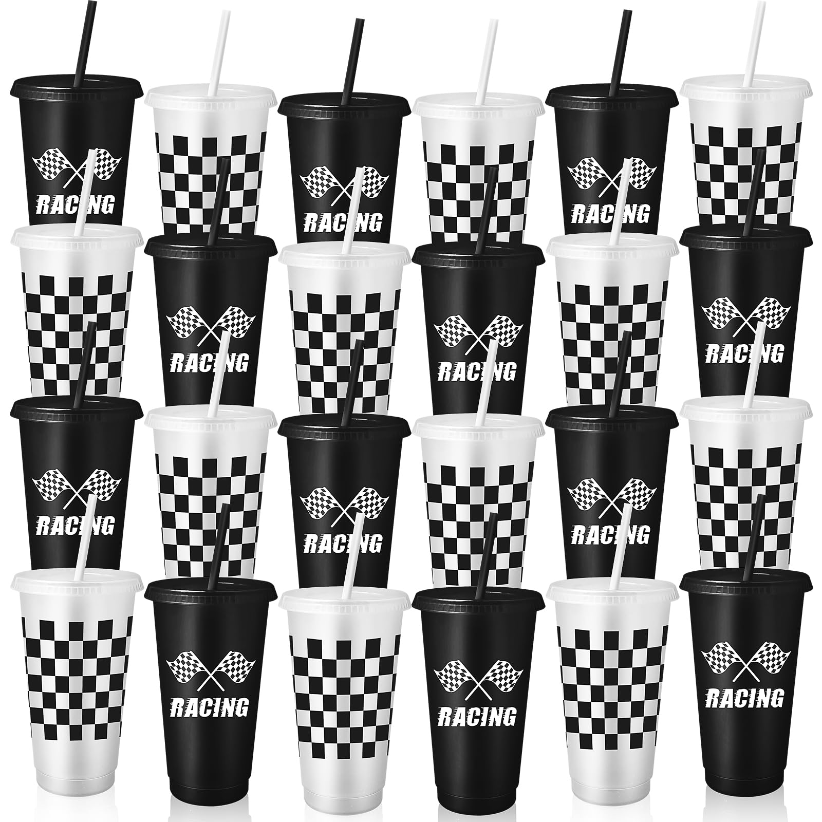 ASMIZ 24 Pack Race Car Party Cups with Lids and Straws, 24 oz Tumblers