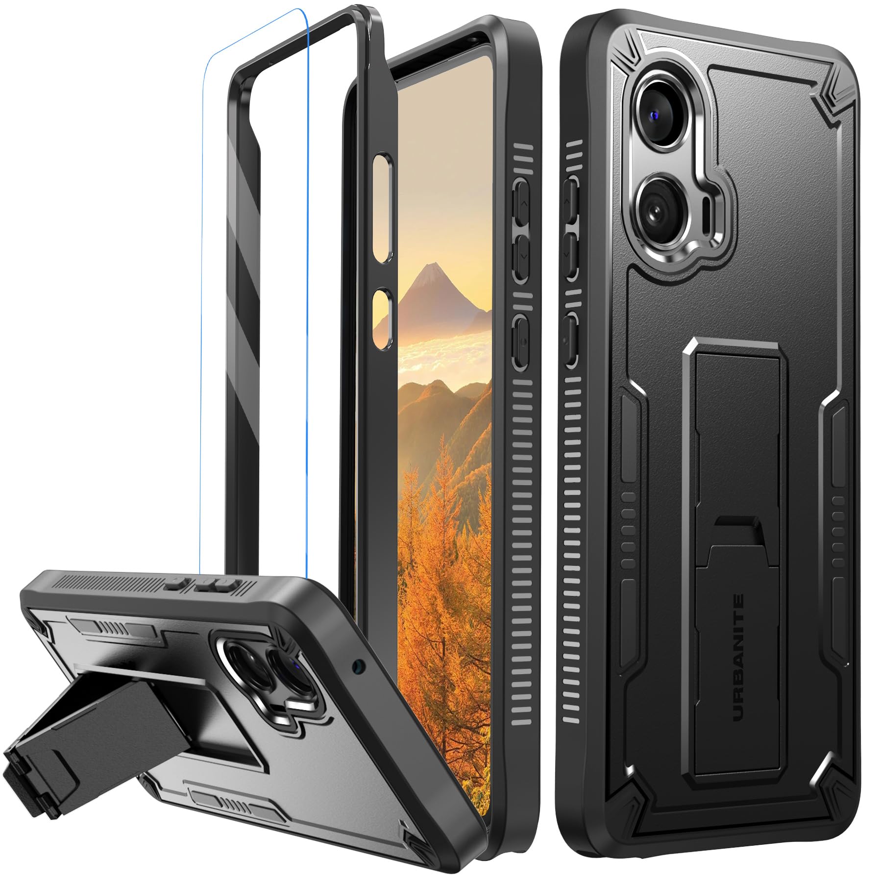 URBANITE for Moto G Stylus 5G (2024) Case, Military Grade Rugged Shockproof Protective Cover with Screen Protector and Kickstand (Black)