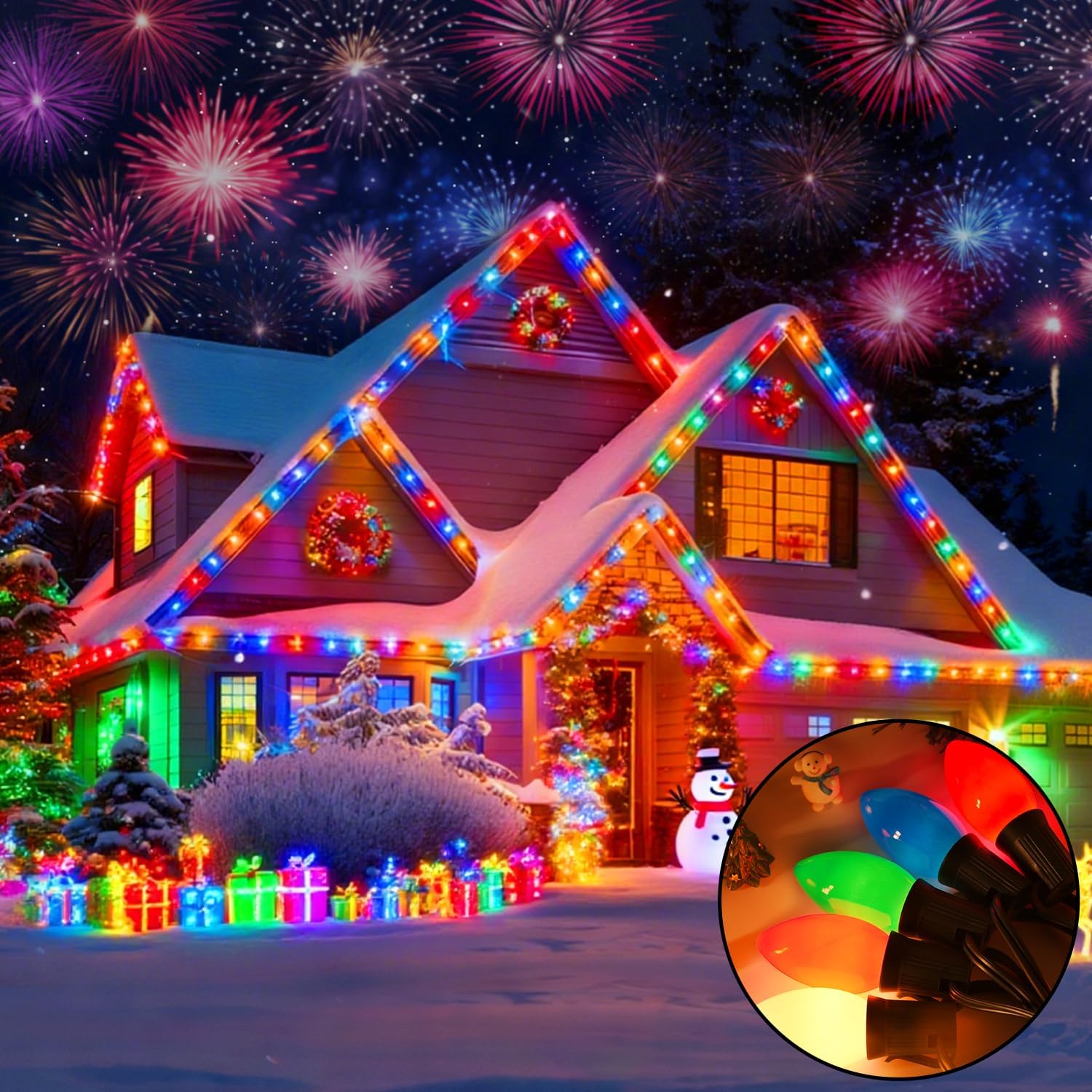 50FT C9 Christmas Lights Outdoor, Multicolor Vintage Christmas Lights String with 50 Multi-Color Ceramic Bulbs, Outdoor String Light for Home Party Patio Holiday Indoor Decor, 7W, E17 Base
