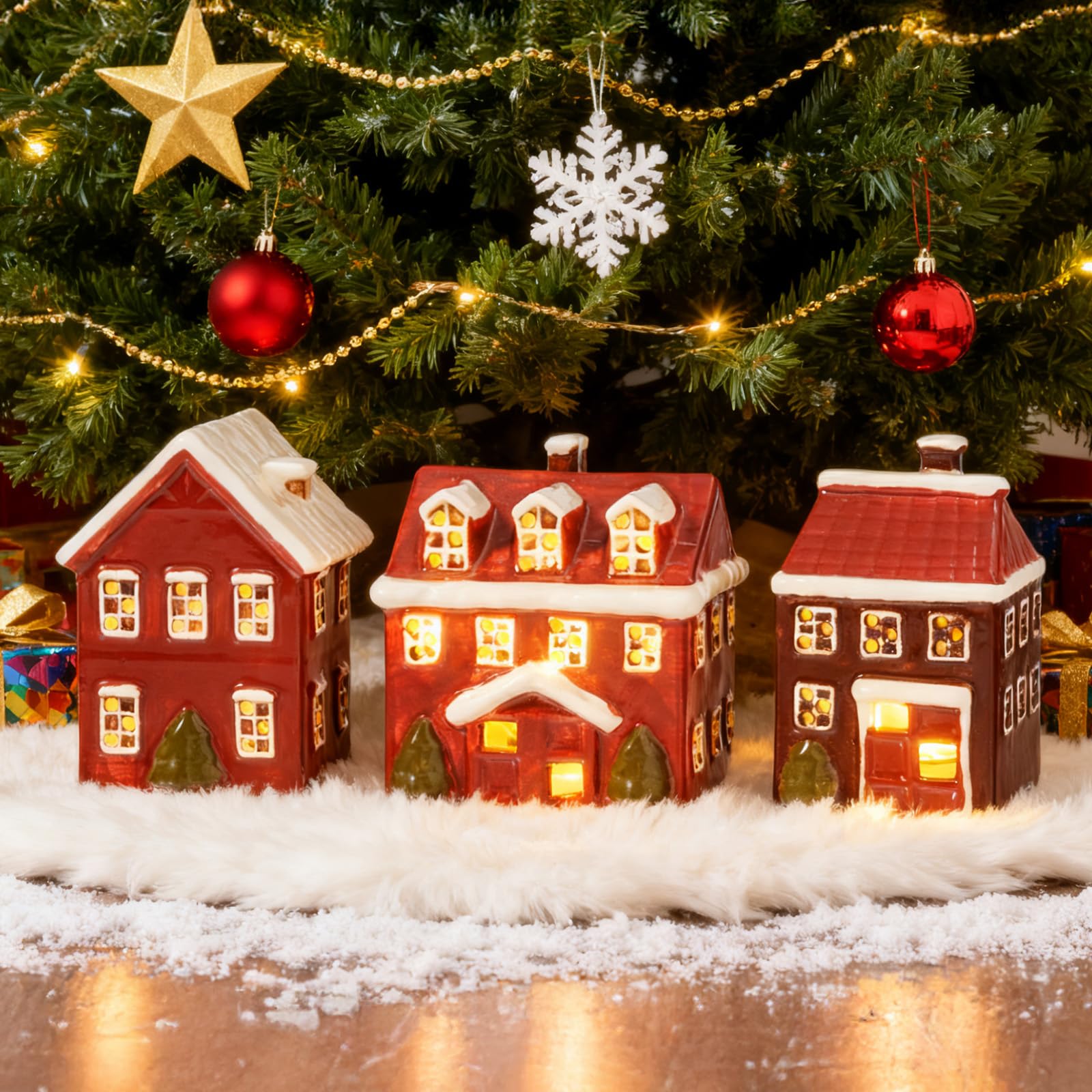 WDS WONDROUS Décorations de Noël – Lot de 3 maisons de village de Noël lumineuses en céramique peintes à la main, maisons de Noël d'intérieur rouges et blanches pour maison, table, chambre, ferme