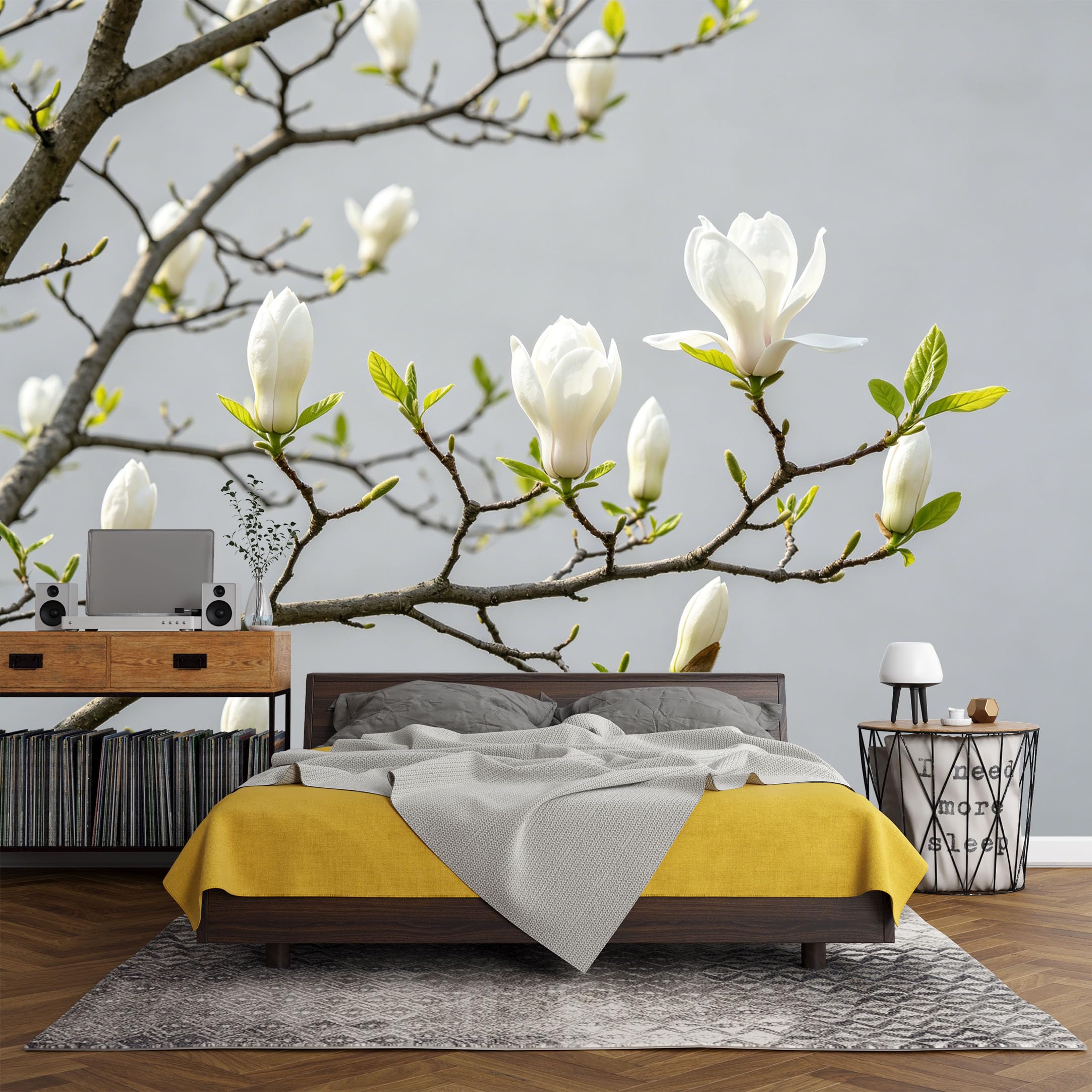 Custom Size Wall Mural， Botanical Magnolia White Blossom Branch Minimalist Nature Art，SelfAdhesive Art Prints wall Fabric (No PVC) Removable Wallpaper Living Room Decor