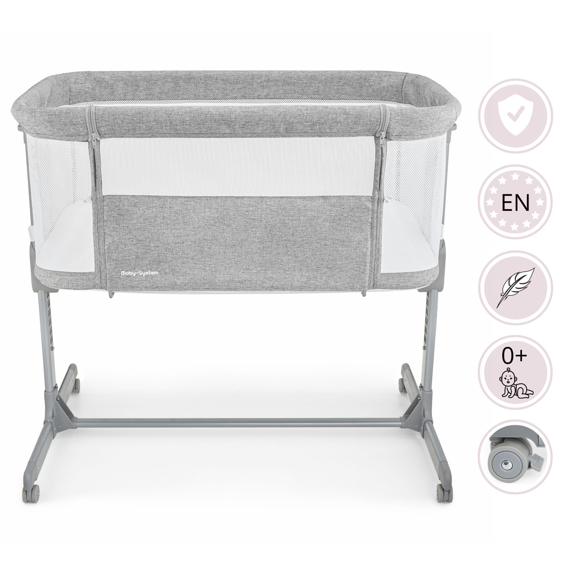 Moby-System LUNA Lettino 3 in 1 Grigio per Bambini Fino a 9 kg, Regolabile in Altezza su 7 Livelli, con 4 Ruote per Facilità di Trasporto e Parete Laterale Rimovibile