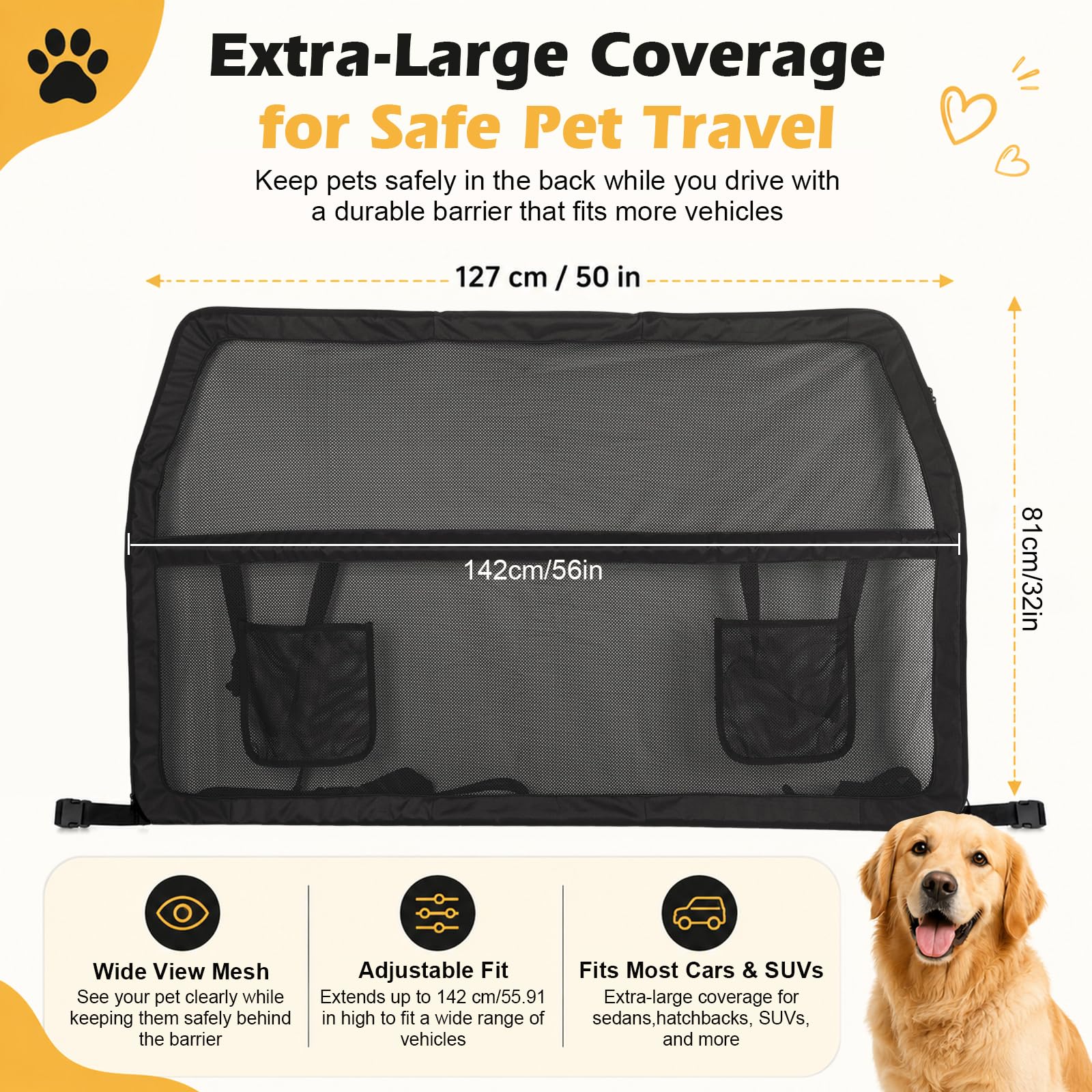Grille de protection pour chien - Siège arrière et coffre - 127 x 142 x 81 cm - Filet de protection pour chien - Filet de protection renforcé et cadre en métal - Barrière universelle pour