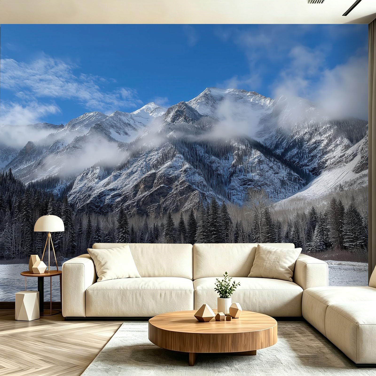 Natura, krajobraz, flizelina, fototapeta do sypialni, przy łóżku i przedpokoju, 250 x 175 cm, niewklejony efekt 3D, duży plakat fotograficzny, śnieżne góry, sosna, las mgiełka