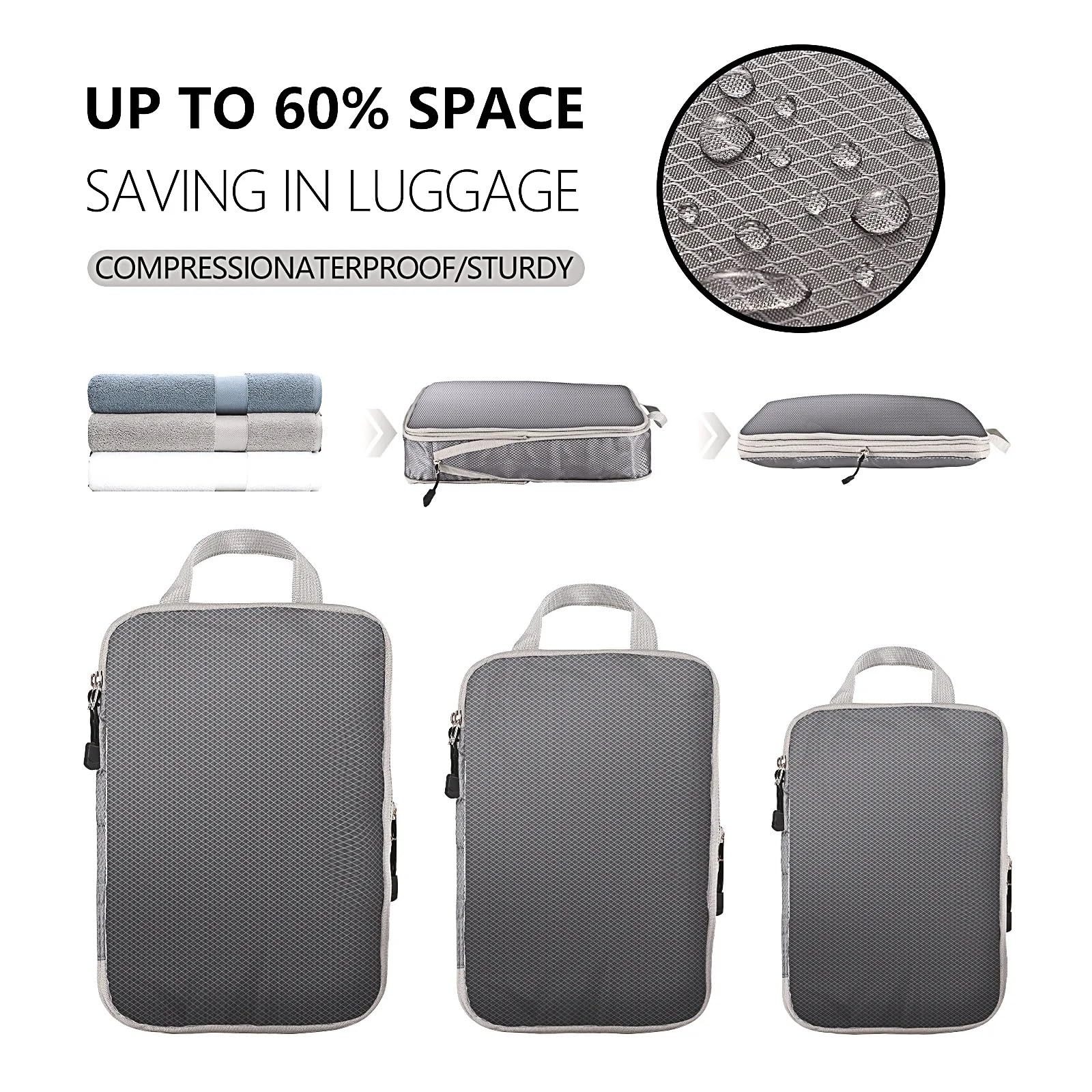 Set di 3-7 cubi compressi da viaggio con borsa per scarpe, bagaglio visivo, portatile e leggero, set da 5 pezzi, grigio