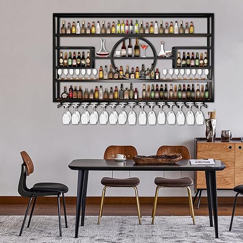 Miniatura 5 de Estante de vino de 47 pulgadas montado en la pared, estante de exhibición de botellas de vino colgantes de gran capacidad con soporte para vasos,