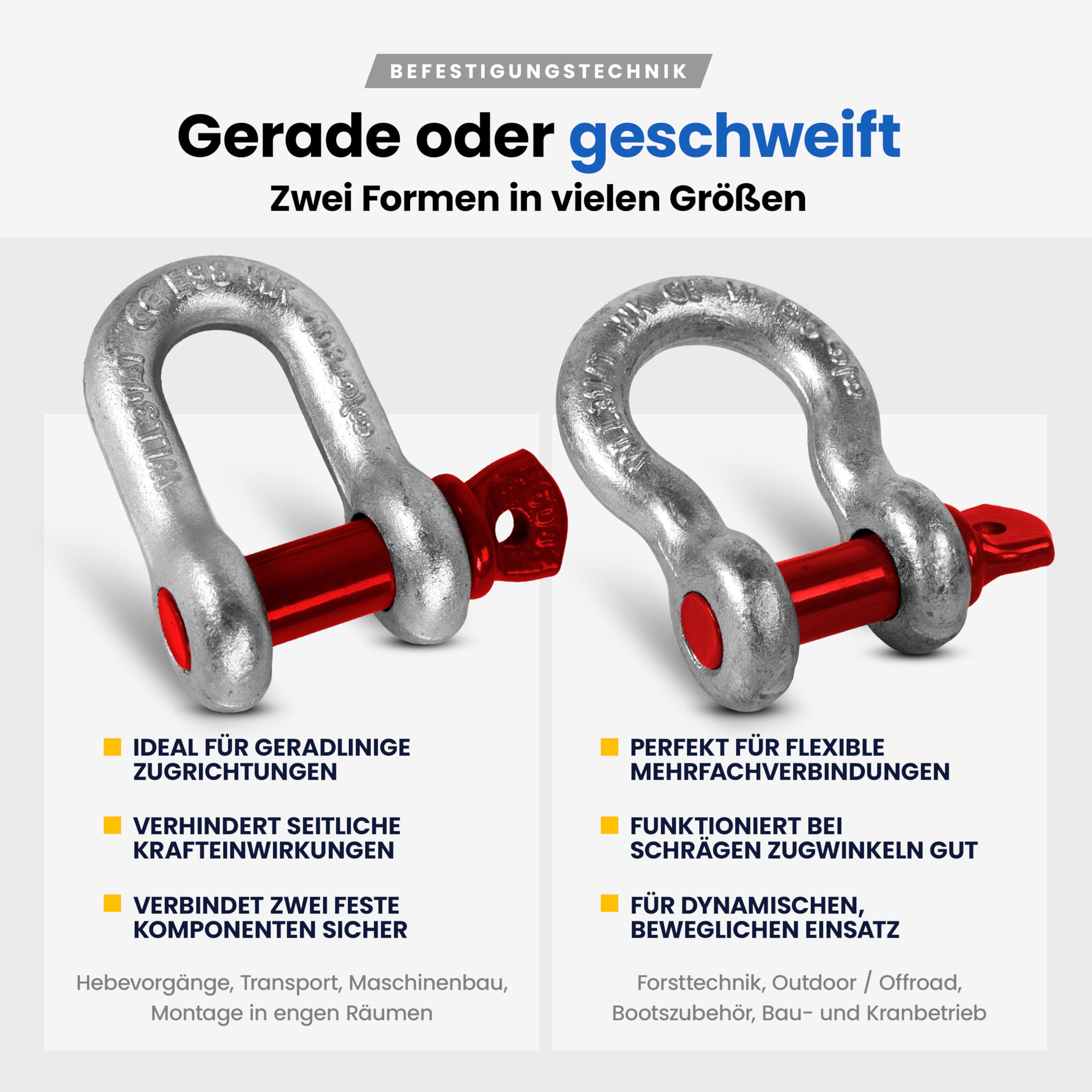 Schäkel hochfest geschweift - Größe & Menge wählbar: WLL 0,33-12 Tonnen Tragkraft - hochbelastbarer feuerverzinkter Stahl (1 Stk, 6,5t)