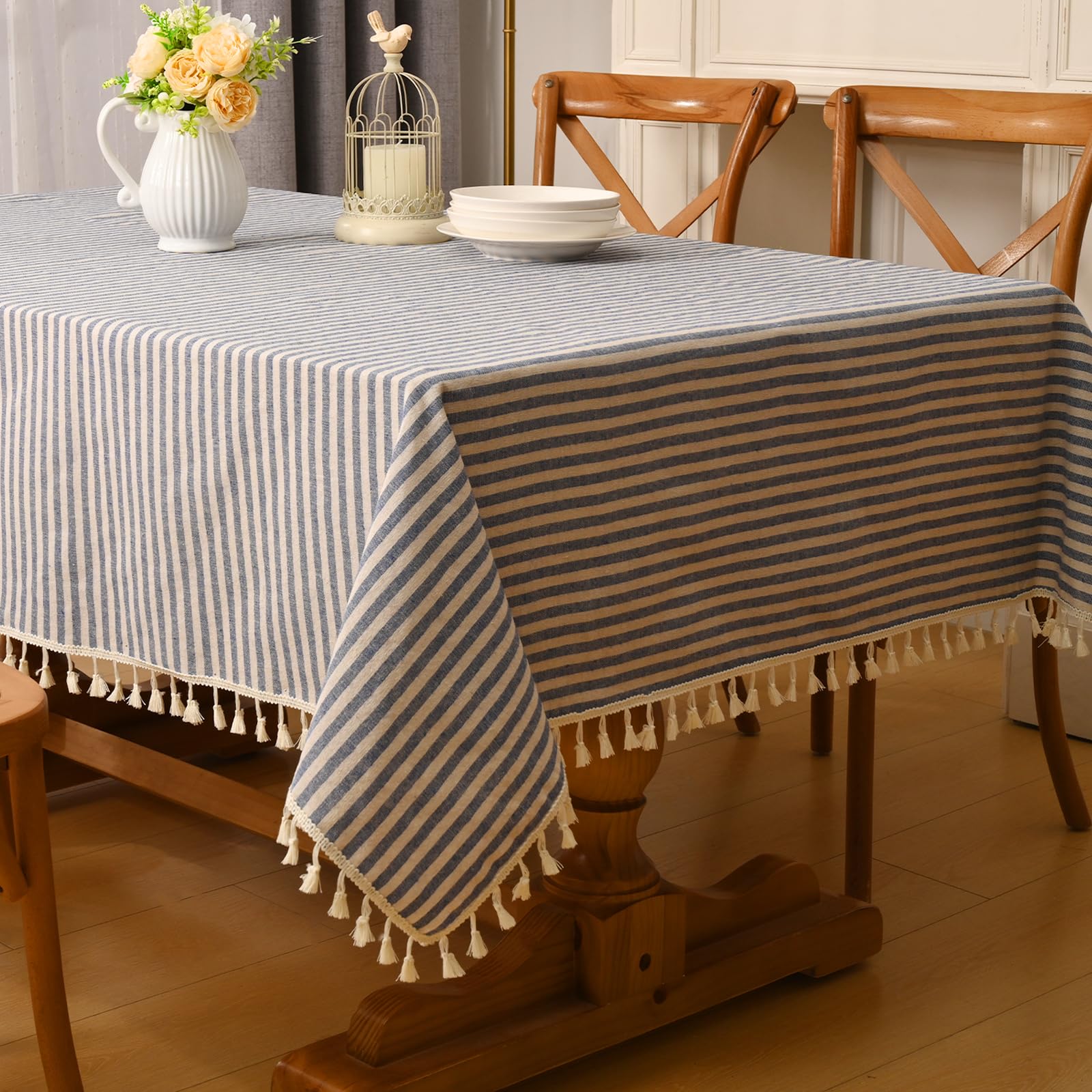 Alishomtll Mantel de lino a rayas con borlas, rectangular, lavable, antimanchas, aspecto de lino, mantel de lavado, restaurante, fiesta, jardín, decoración, ropa de mesa, azul y blanco, 140 x 240 cm