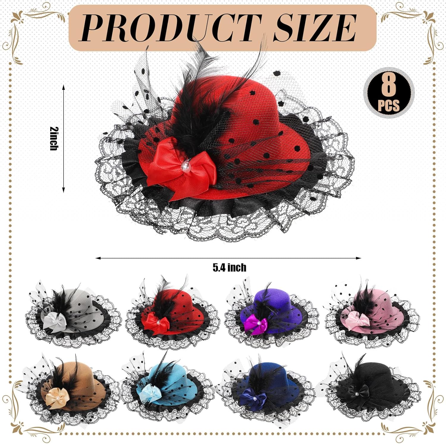 8 Pcs Fascinator Hats for Tea Party Women Girls Derby Race Day Hat Headpieces with Feather Bow Lace Vibrant Color