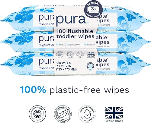 Miniatura 2 de Pura Toallitas Desechables por el Inodoro para Niños Pequeños 3 x 60 Toallitas (180 Toallitas), 100% Libres de Plástico, 99% Agua, Hipoalergénicas y