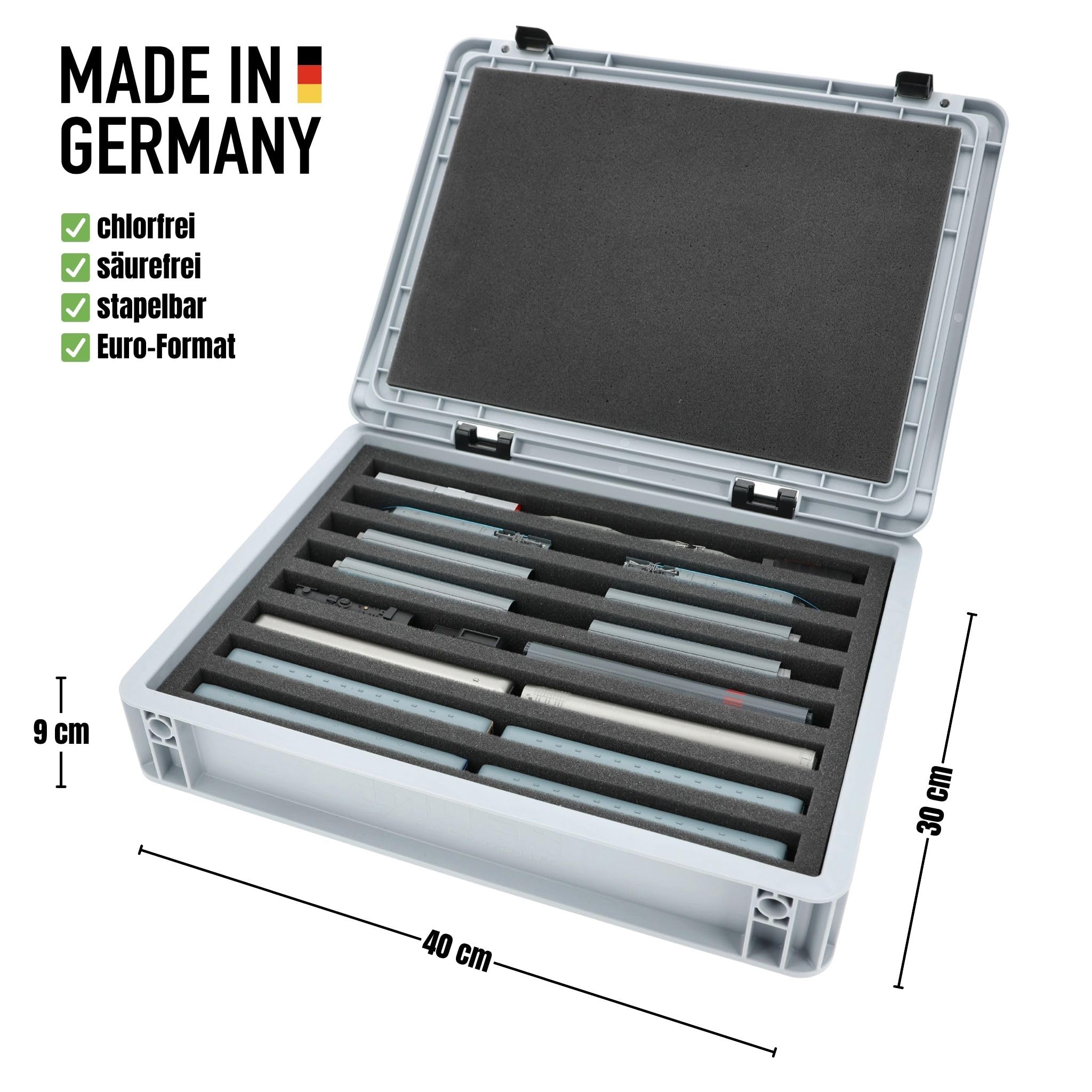 Feldherr Eurobox 40x30 Set pour modélisme ferroviaire - échelle N - 8 Compartiments - Insert en Mousse pour Rangement Vertical - Transport Compact pour locomotives et Wagons