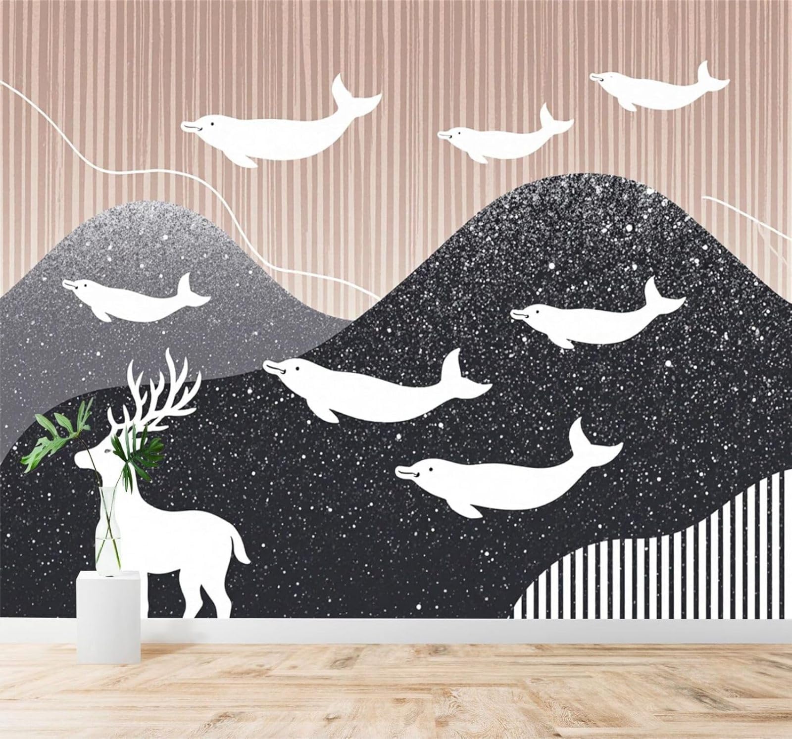 XLMING Abstract Deer Dolphins Mountains Starry Sky Night Scene 3D Wallpaper Silky Texture Home Study Office Grey Dining Room Sofa Bedroom Living Room TV Backdrop-400cm×280cm
