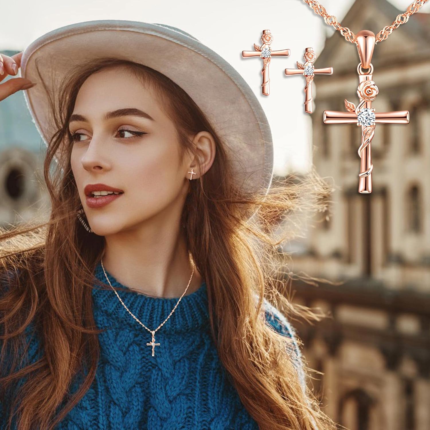 Yumilok Zircon Rose Cross Necklace And Earring Sets for Women Sterling Silver Cross Pendant Stud Earrings Jewelry Set Small Dainty Flower Necklace for Teen Friend Mom Her Birthday Aniversario Gift