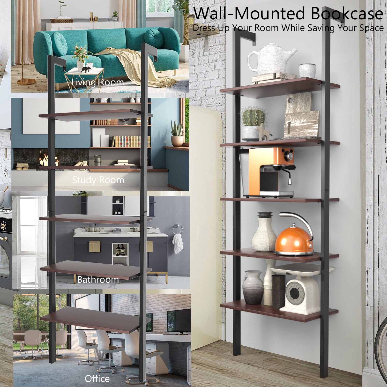 HOMASIS Estantería Escalera con 5 Niveles, librería de Pared con Estructura de Metal, estantes de Almacenamiento, Moderna estantería de pie, para Oficina en casa, salón, 60 x 30 x 180 cm (Marrón)