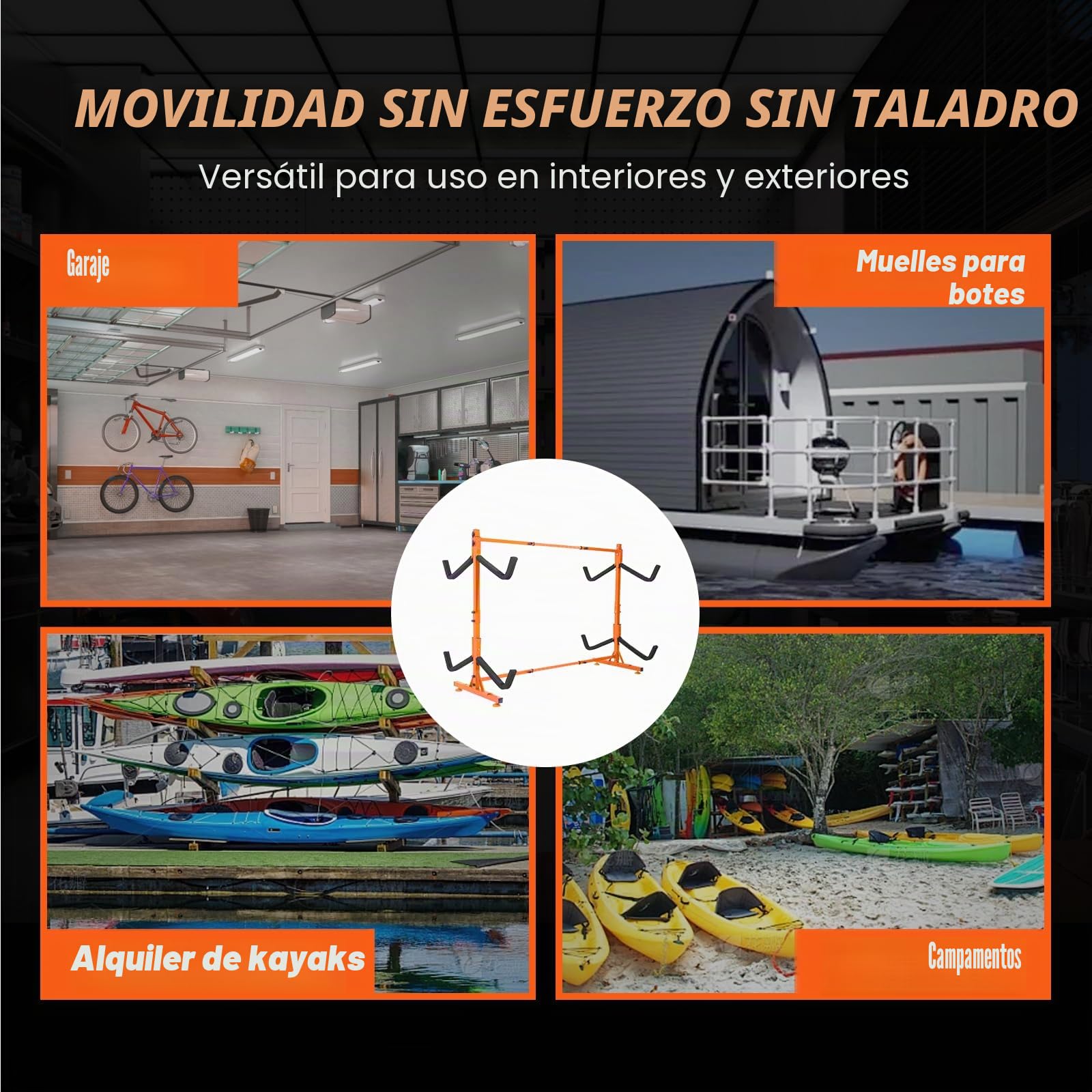 VEVOR Soporte para Kayak Independiente, 4 Piezas de Capacidad, Porta Kayak, Remo para Canoa, Soporte para Tabla de Remo de Acero Resistente con Brazos Acolchados, Ancho Ajustable, Carga 100 kg