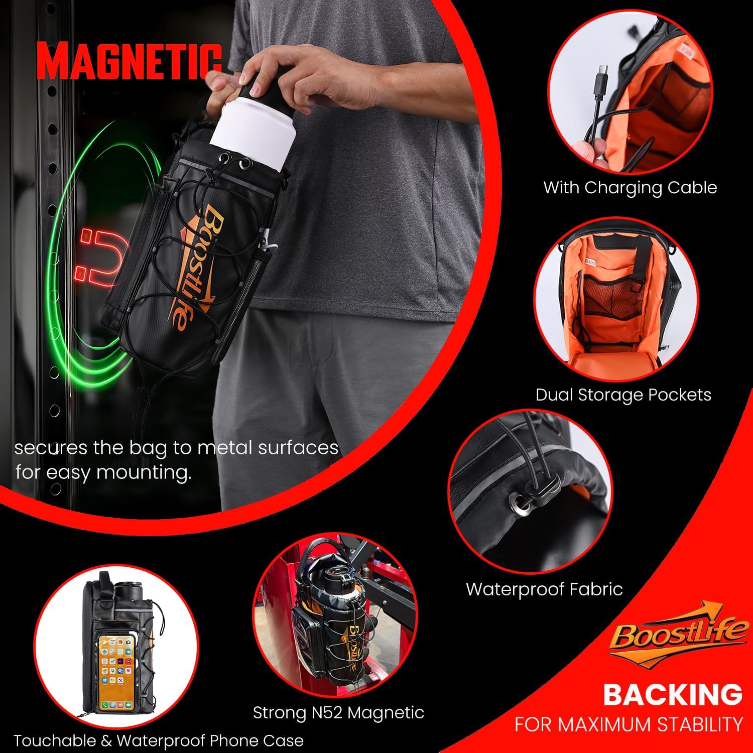 BOOSTLIFE Magnetic Gym Bag - Crossbody Sling with Large Water Bottle Holder (Fits up to 64oz), Waterproof Phone Case & Type-C Port, Sling Shoulder Bag for Gym, Travel & Outdoor Sports - Image 2