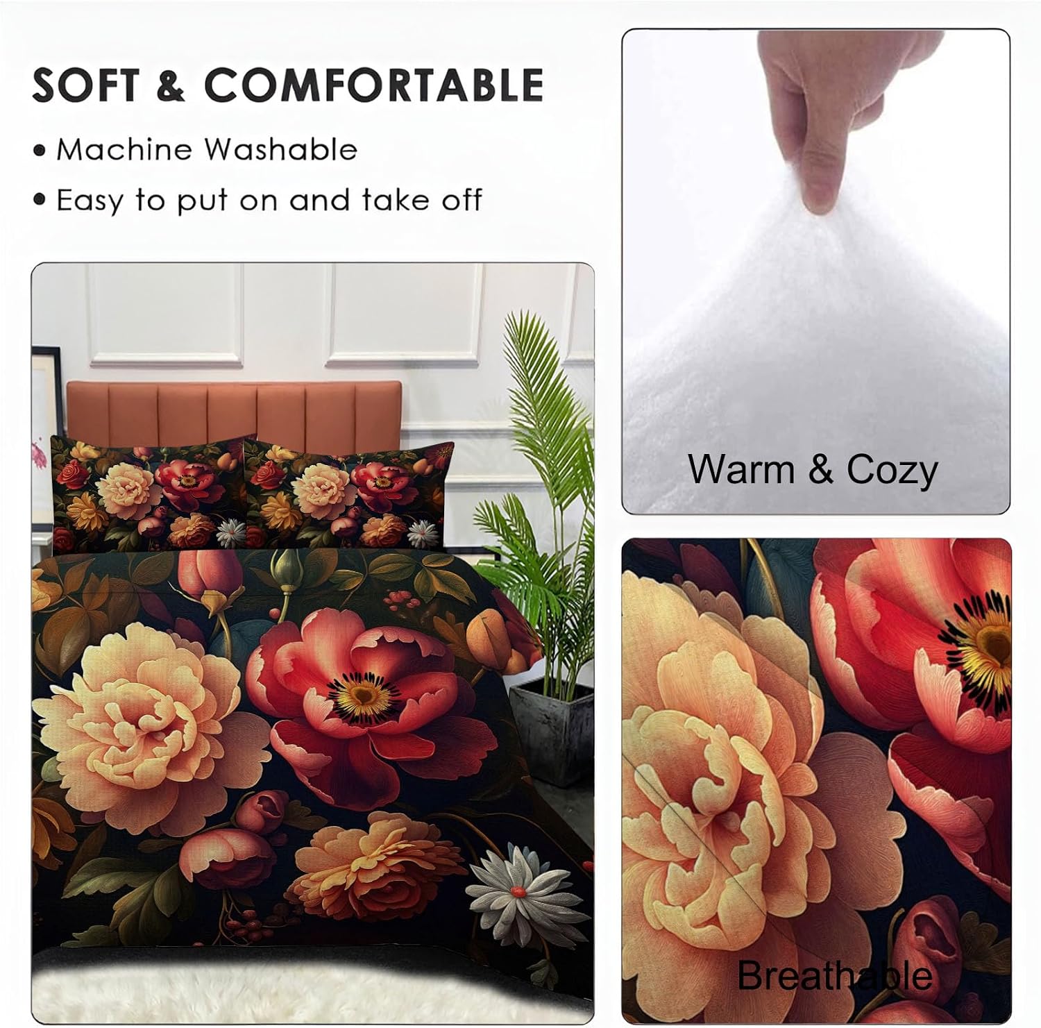 Oil Painting Style Comforter Set King Size, Peony and Daisy Bedding Set for Girls Boys, Brick Red Quilt Bed 104"X90" Bedding Comforter Sets with 2 Pillowcase Room Decor