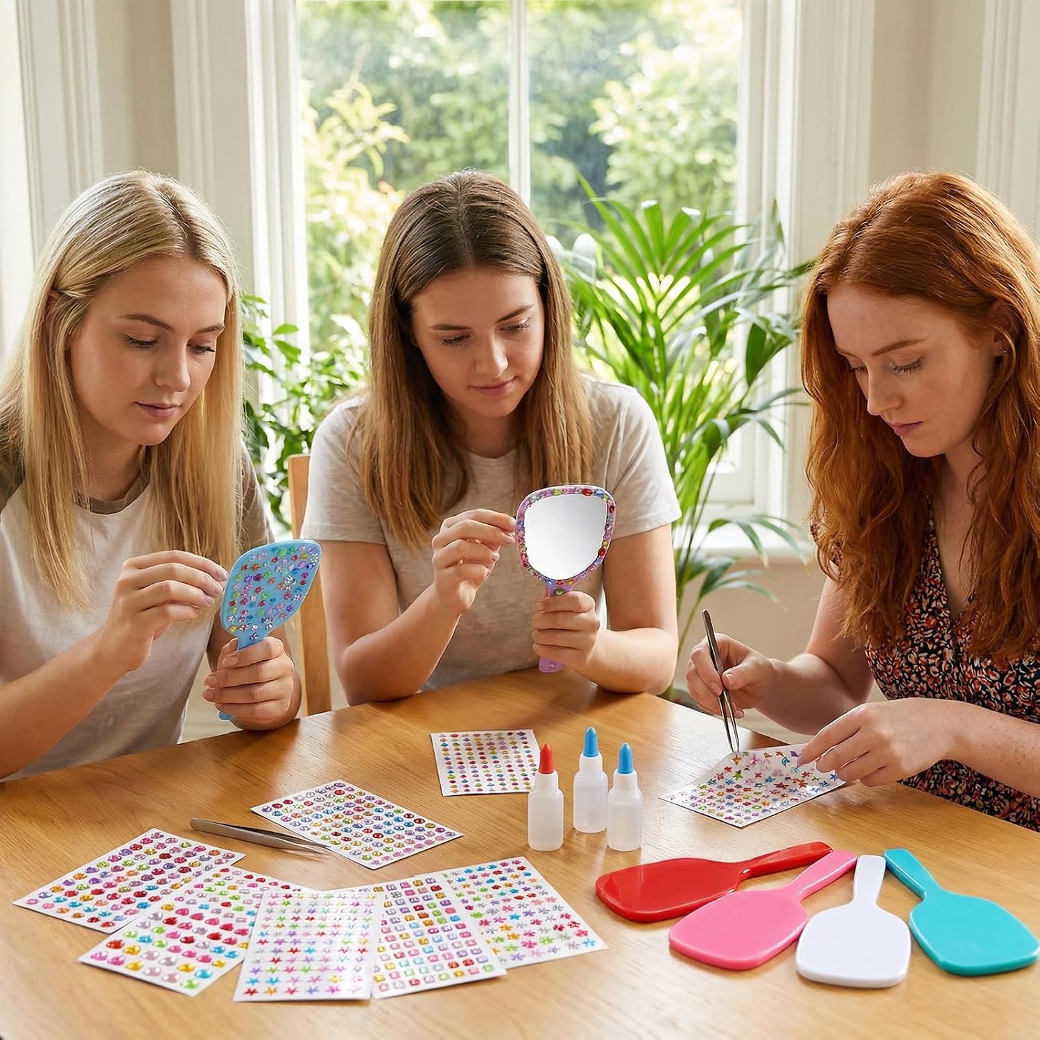 24 Pcs Small Handheld Mirror with Handle Bulk with 12 Sheet Colorful Gemstone Stickers DIY Decorate Your Own Princess Mirror for Princess Birthday Party Favors Crafts 3x7inches