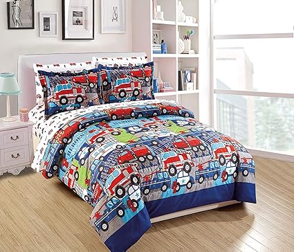 Amazon Co Jp Elegant Home マルチカラー ヒーローズ ファーストレスポンダー 警察車 消防車 救急車 救急車 7点セット 掛け布団寝具セット 男の子 子供用ベッドセット シーツセット Heroes 2 クイーンサイズ ホーム キッチン