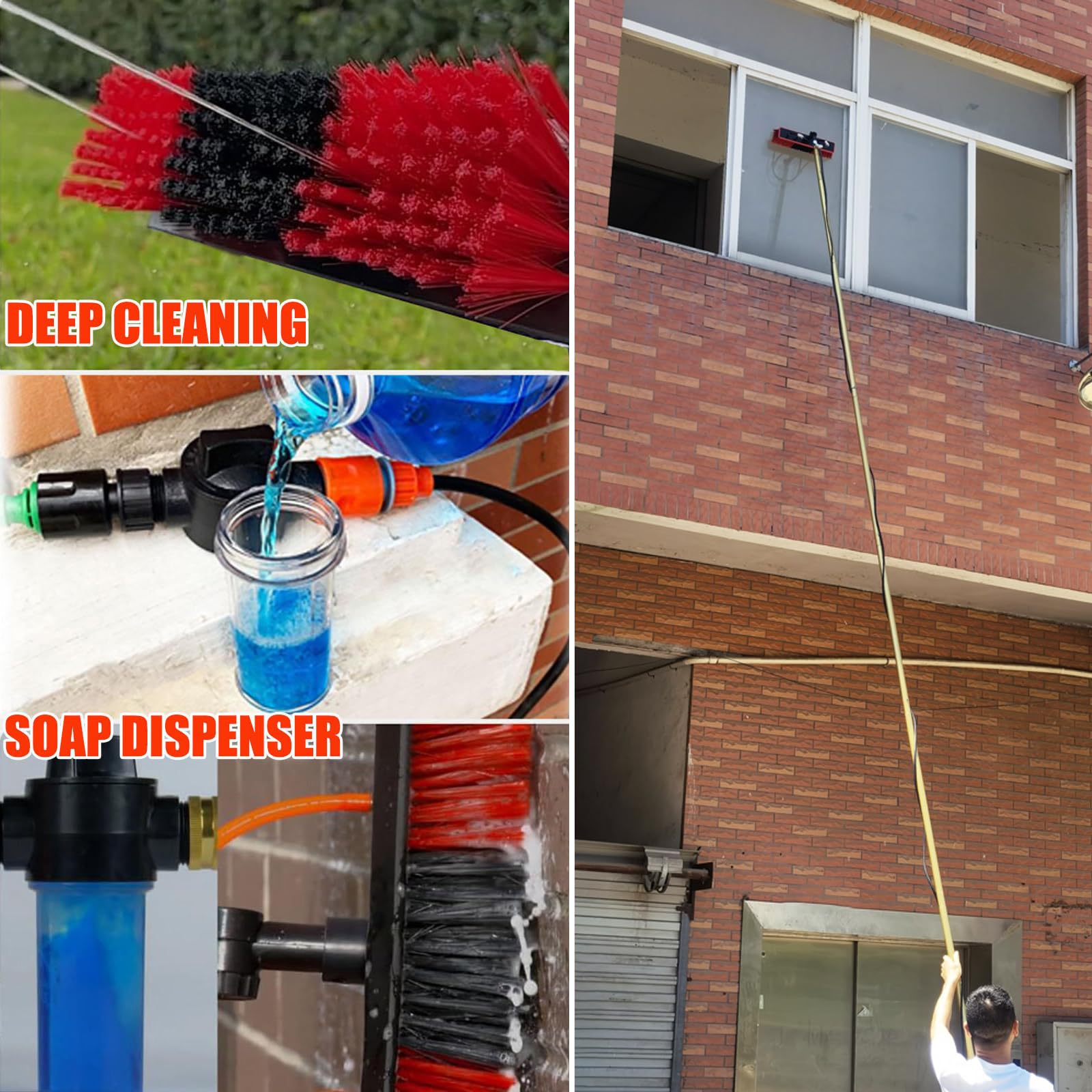 Genérico Cepillo para Ventanas de 13,6 Metros, Kit para Techo de Invernadero, Panel Solar con dispensador de jabón y Manguera de Agua de 20 m, Poste de Aluminio de 55 cm.