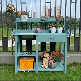 Potting Bench Tables Outdoor, Potting Table Garden Work Station, 3 Tier Plant Shelf, Flower Pot Display Shelf Rack, for Porch, Greenhouse, Backyard (Color : Blue-A, Size : 117x45x121cm)