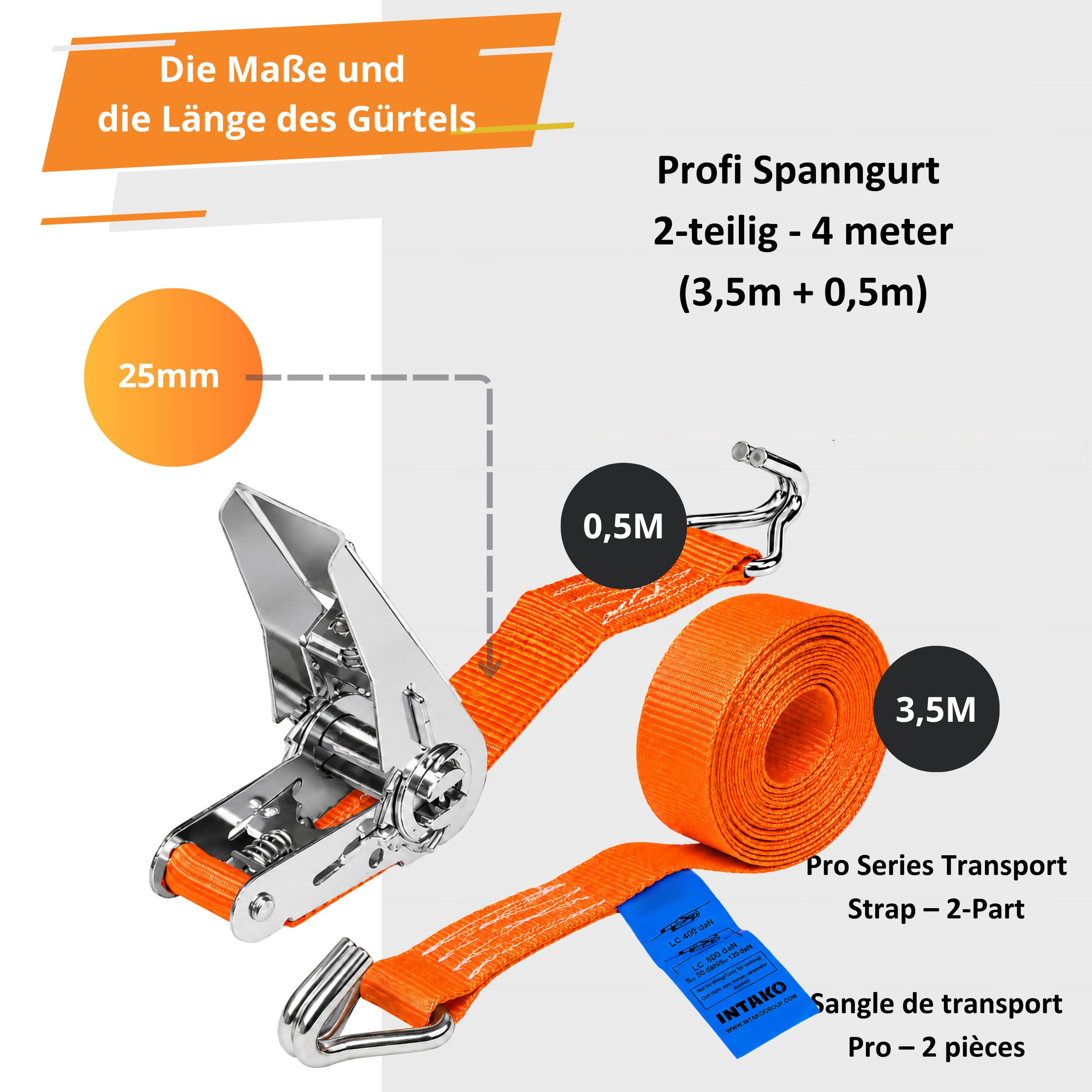 INTAKO Sangles d'Arrimage avec Cliquet 4m 25mm 800kg - Sangles de Serrage Durables et Réglables - Idéales pour Motos, Cargaisons, Remorques (Orange, 4m (Lot de 10))