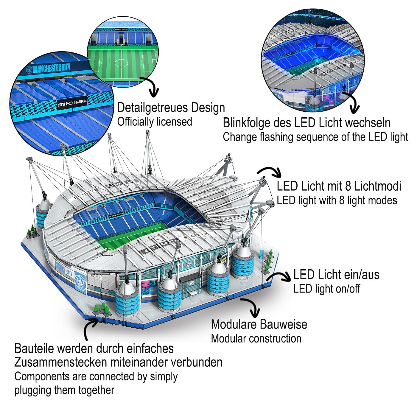 JAMARA 402904 CADA Etihad Stadion Manchester City FC Bricks, od 14 lat, zestaw klocków zaciskowych, model duży, zestaw klocków, wierne wzornictwo, światło LED, moduły prezentowane pojedynczo