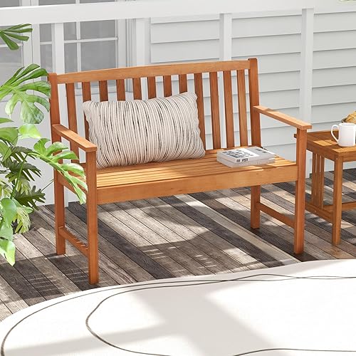 Miniatura 2 de Tangkula Banco de jardín para exteriores, banco de madera de eucalipto para 2 personas con respaldo, reposabrazos y asiento de listones, banco de