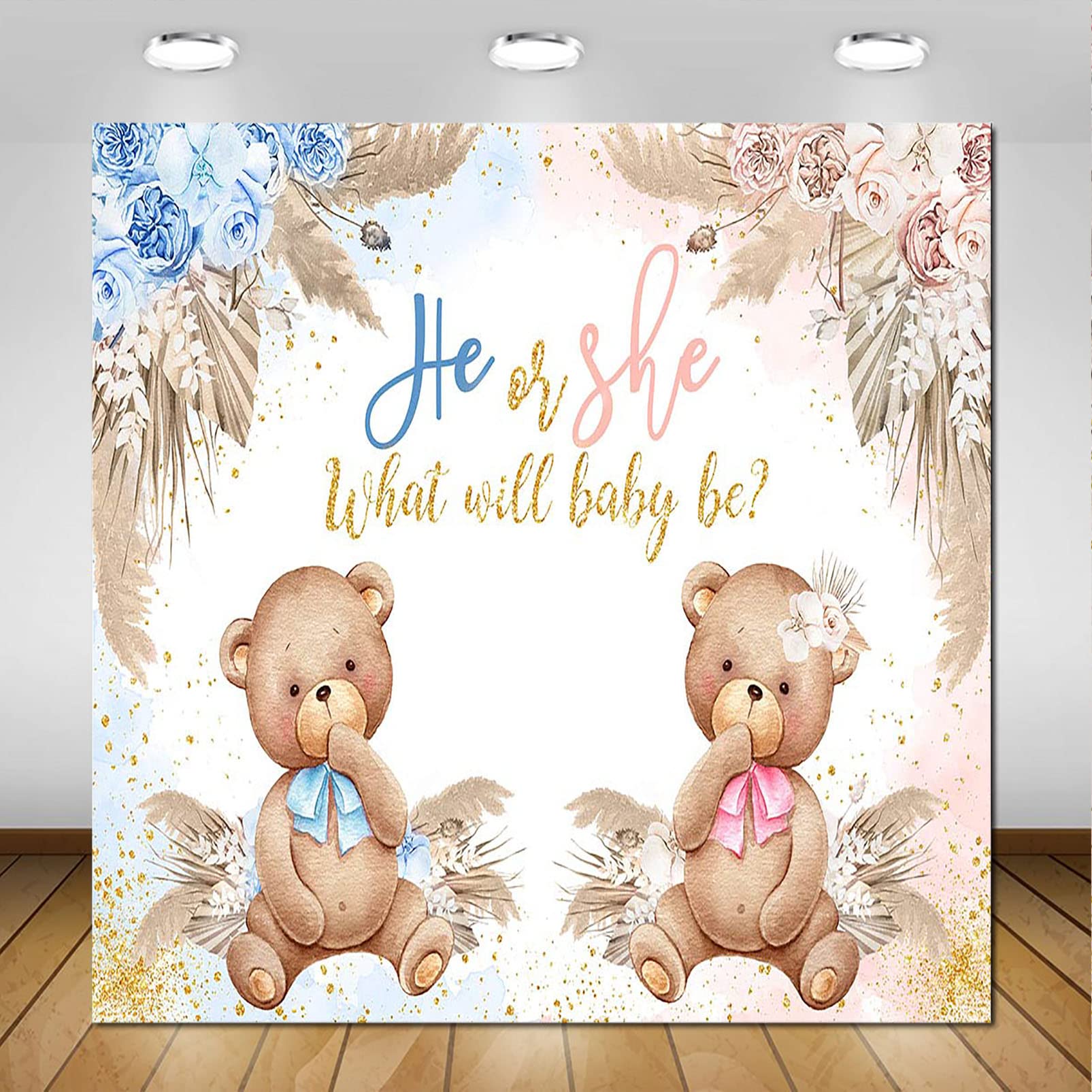 Avezano Boho Bear Gender Reveal Backdrop He or She Party Decorations Pink or Blue Pampas Grass Gender Reveal Party Photography Background Bohemian Bear Baby Shower Decorations Photoshoot (8x8ft)