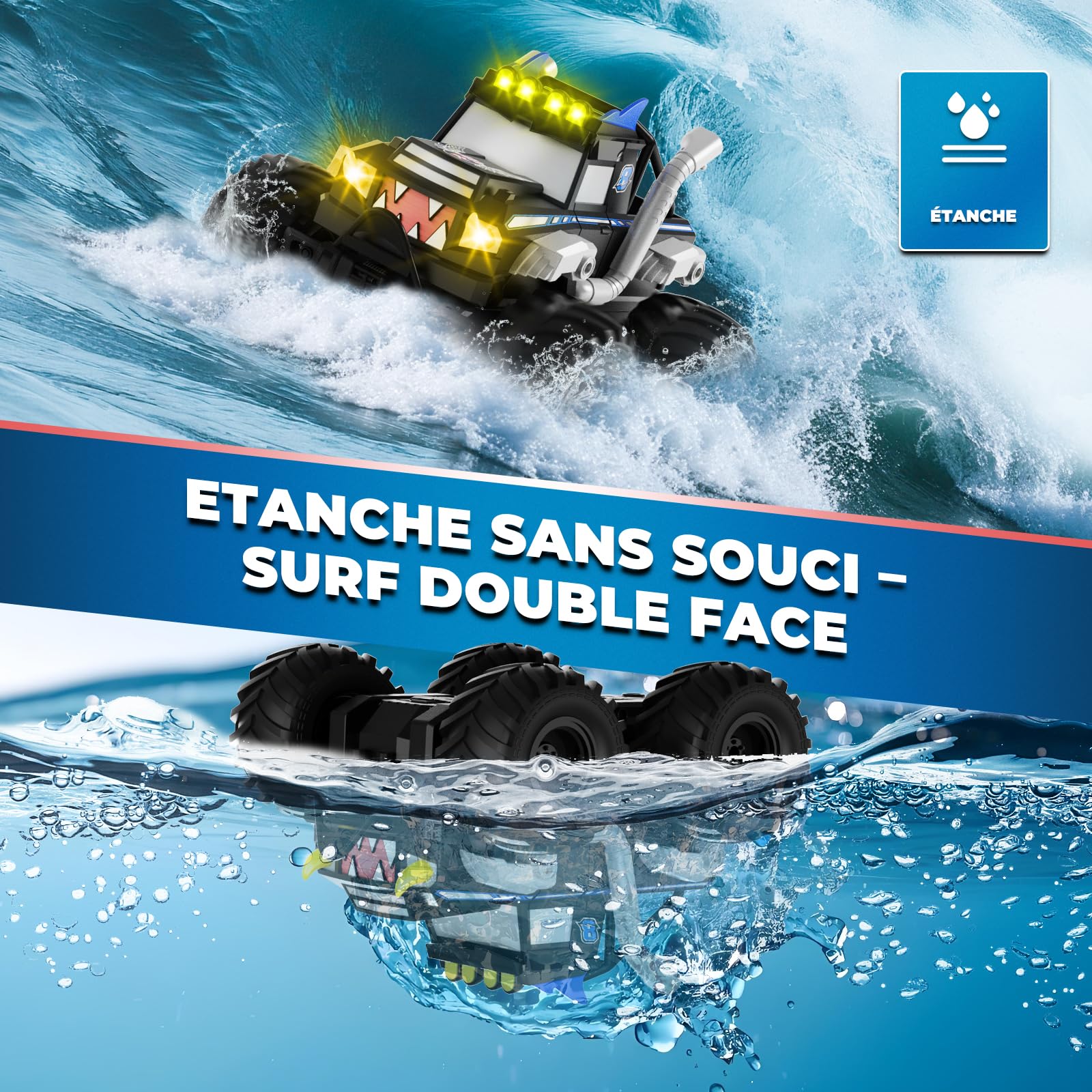 Voiture Télécommandée Tout Terrain Amphibie，2.4GHz Voiture Télécommandée Enfant, 4x4 télécommandée tout terrain, Monstertruck RC avec 360° Drift, Jouet Cadeau pour Garçon Fille 6 ans et plus (Bleu)