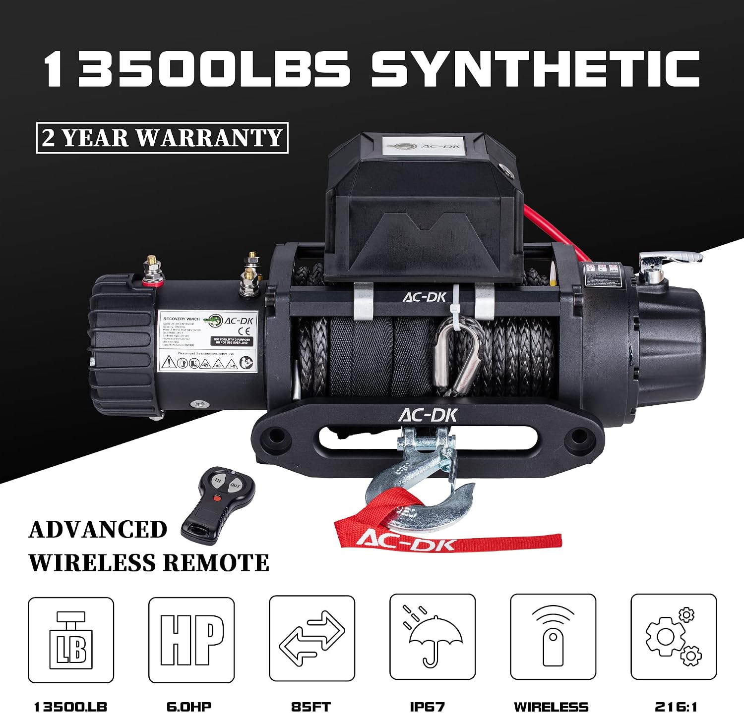 AC-DK 13000 lb Winch with Synthetic Rope Winch Kit, 12V Electric Winch Waterproof IP67 Truck Winch with Hawse Fairlead, with Both Wireless Handheld Remote and Corded Control Recovery Winch