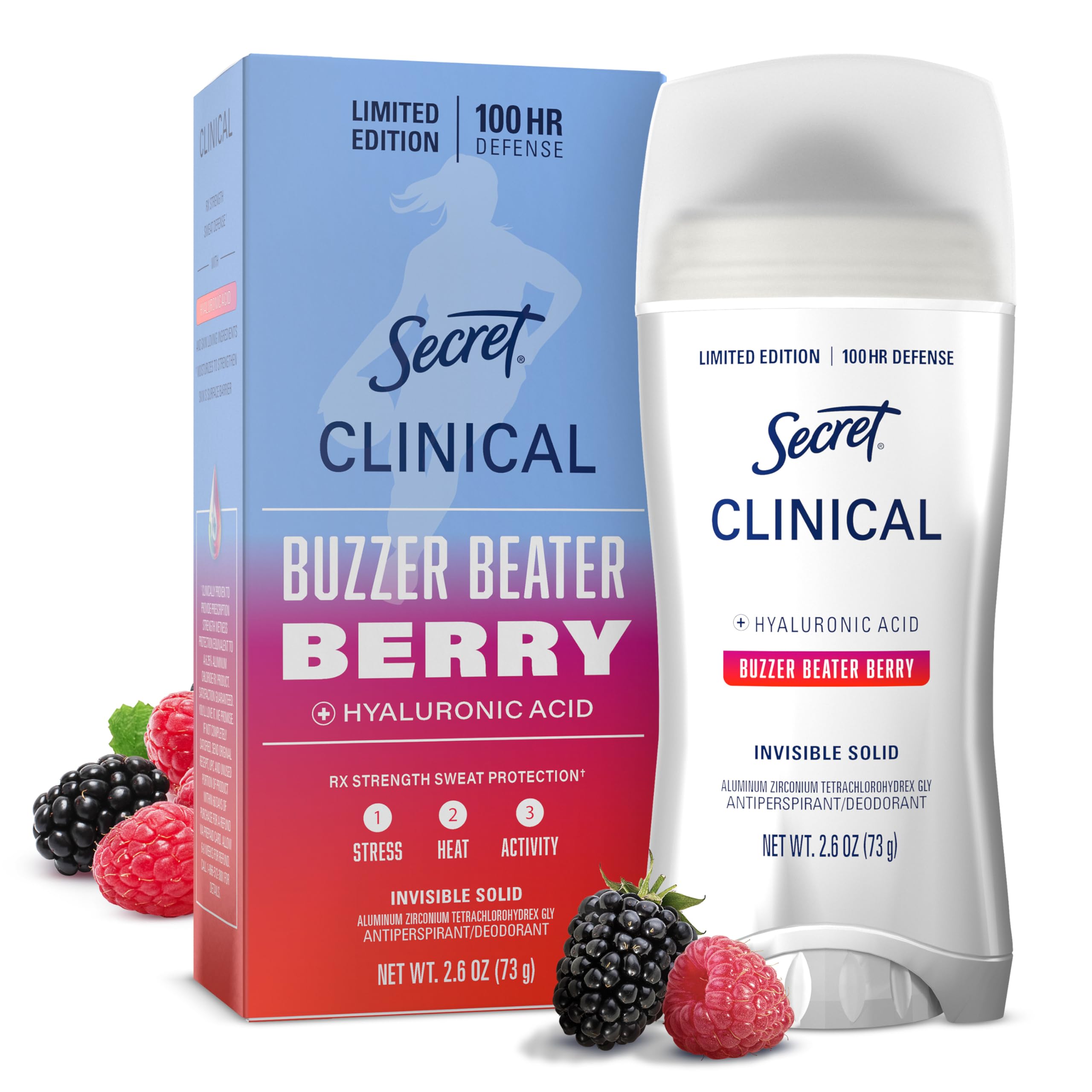 Photo 1 of Secret Clinical Strength 100HR Defense, Invisible Solid Antiperspirant Deodorant for Women, Paige Bueckers Edition, Triple Threat Sweat Protection, Hyaluronic Acid, Buzzer Beater Berry Scent, 2.6 oz