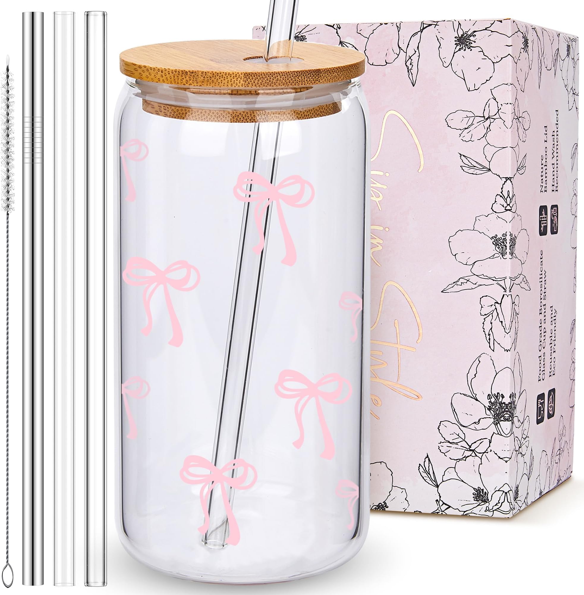 BIPEDS Coquette Cute Pink Bow Glass Cups with Lids and Straws, Aesthetic Iced Coffee Cup, Girly Preppy Design Tumbler Mug, Birthday Valentines Christmas Gifts for Women, Teen Girl Gifts Trendy Stuff