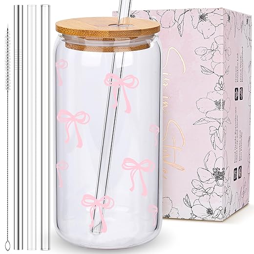 Coquette Cute Pink Bow Glass Cups with Lids and Straws, Aesthetic Iced Coffee Cup, Girly Preppy Design Tumbler Mug, Valentines Christmas Birthday Gifts for Women, Teen Girl Gifts Trendy Stuff