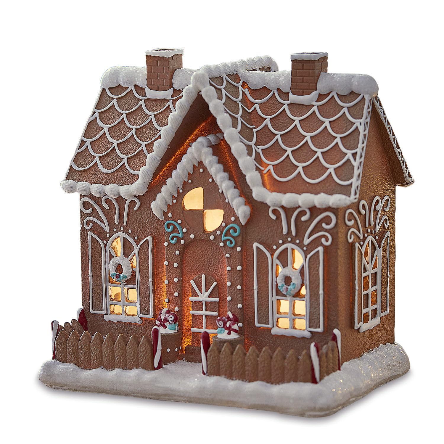 Loberon LED-Dekohaus Listras, braun/weiß | LED Beleuchtung, naturgetreues Design, weihnachtliche Nostalgie, Polyresin