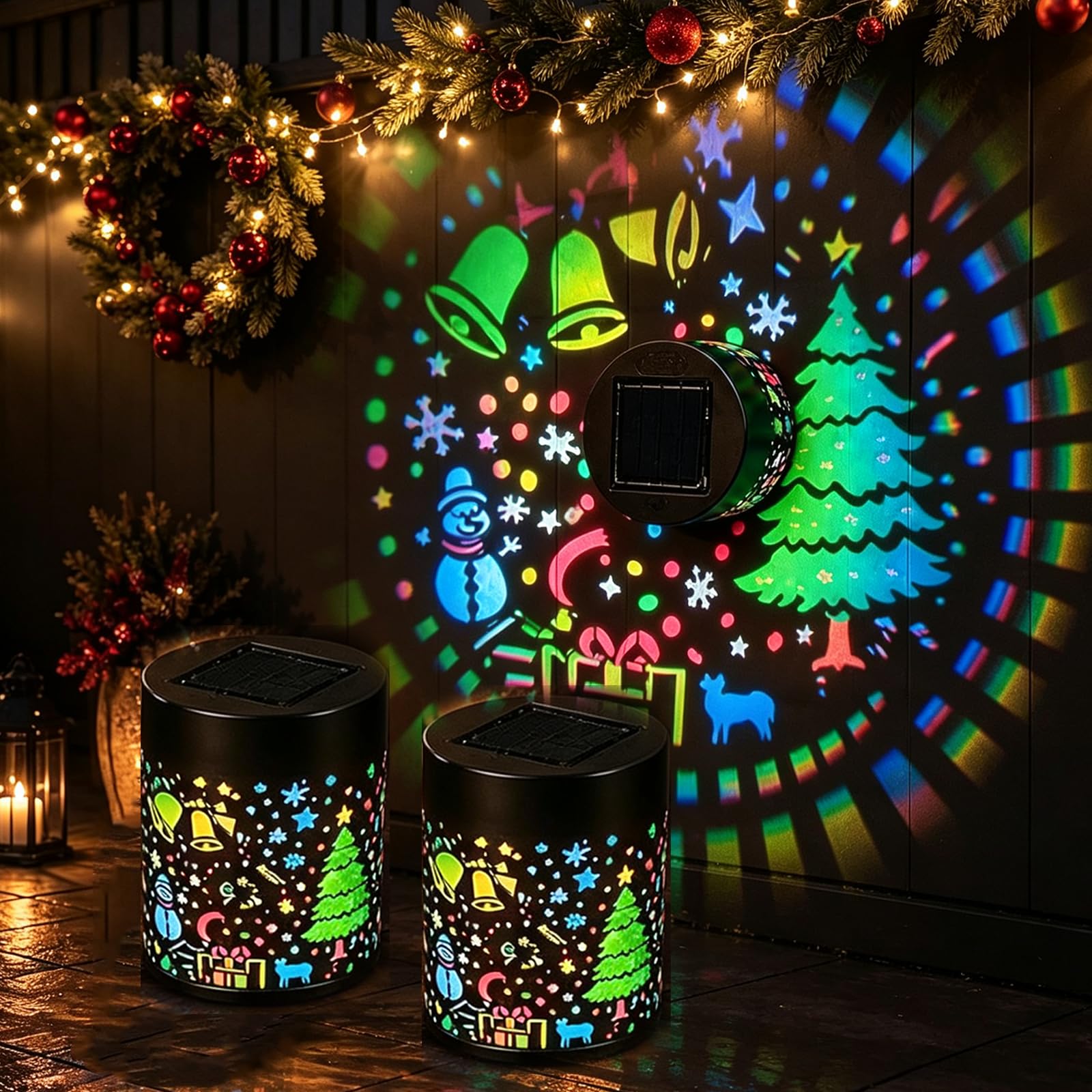 Solar Christmas Projector Outdoor Wall Light, Waterproof Metal Fence Lights with Christmas Tree Projection, Color-Changing Solar Lights for Garden Patio Porch Backyard Holiday Decor，C, 2pc