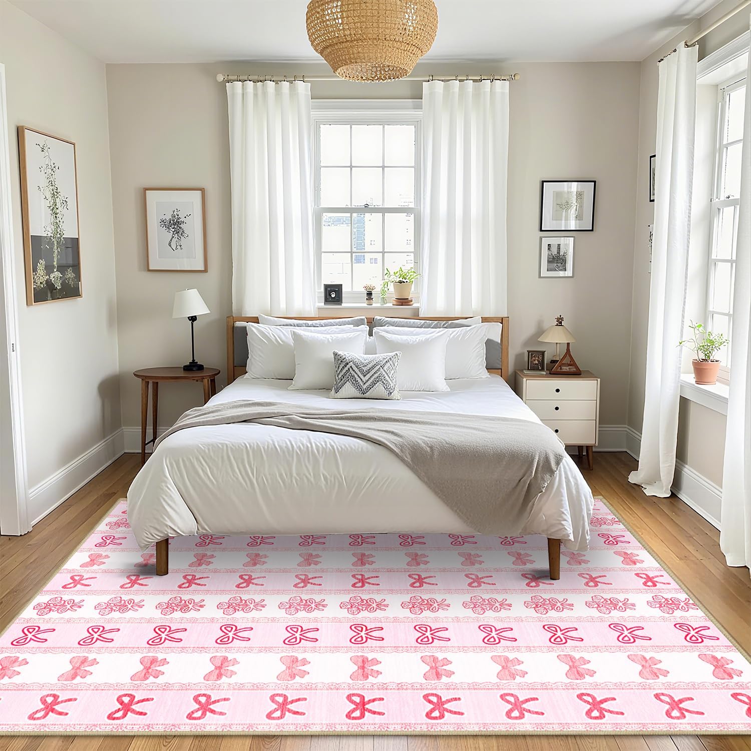Pink Area Rug 6x9 Bow Rug Living Room Girls Rugs Machine Washable Non-Slip Printed Low-Pile Floor Carpet for Bedroom Dining Room Office Vanity Nusery