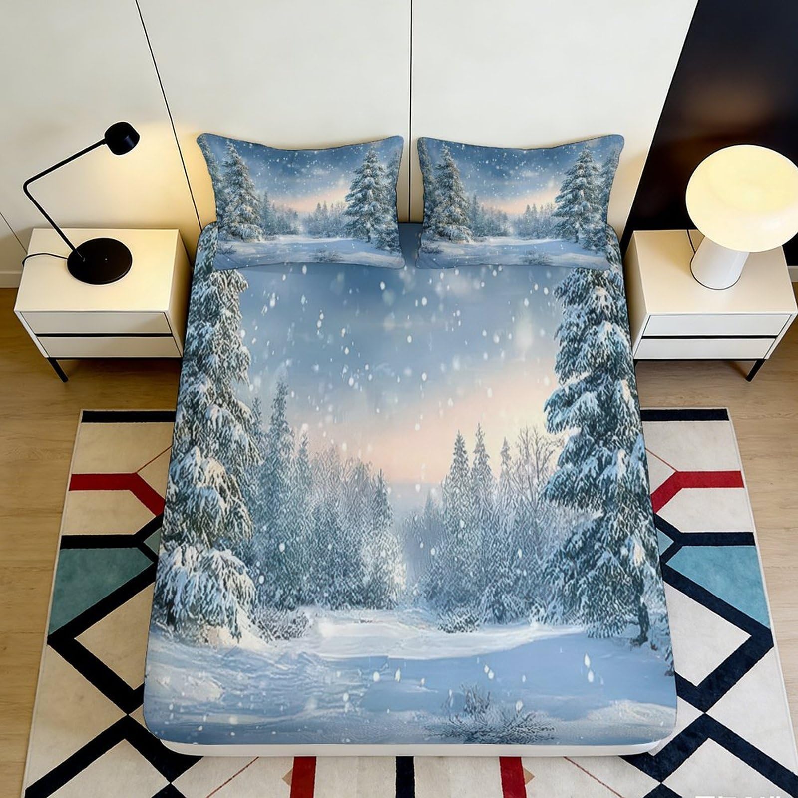 3D Printed Snowy Winter Forest Fitted Sheet Microfiber Soft Breathable Snowfall Bed Sheet for Bedroom Dormitory Guest Room Mattress Protection Decor 160x200x25cm