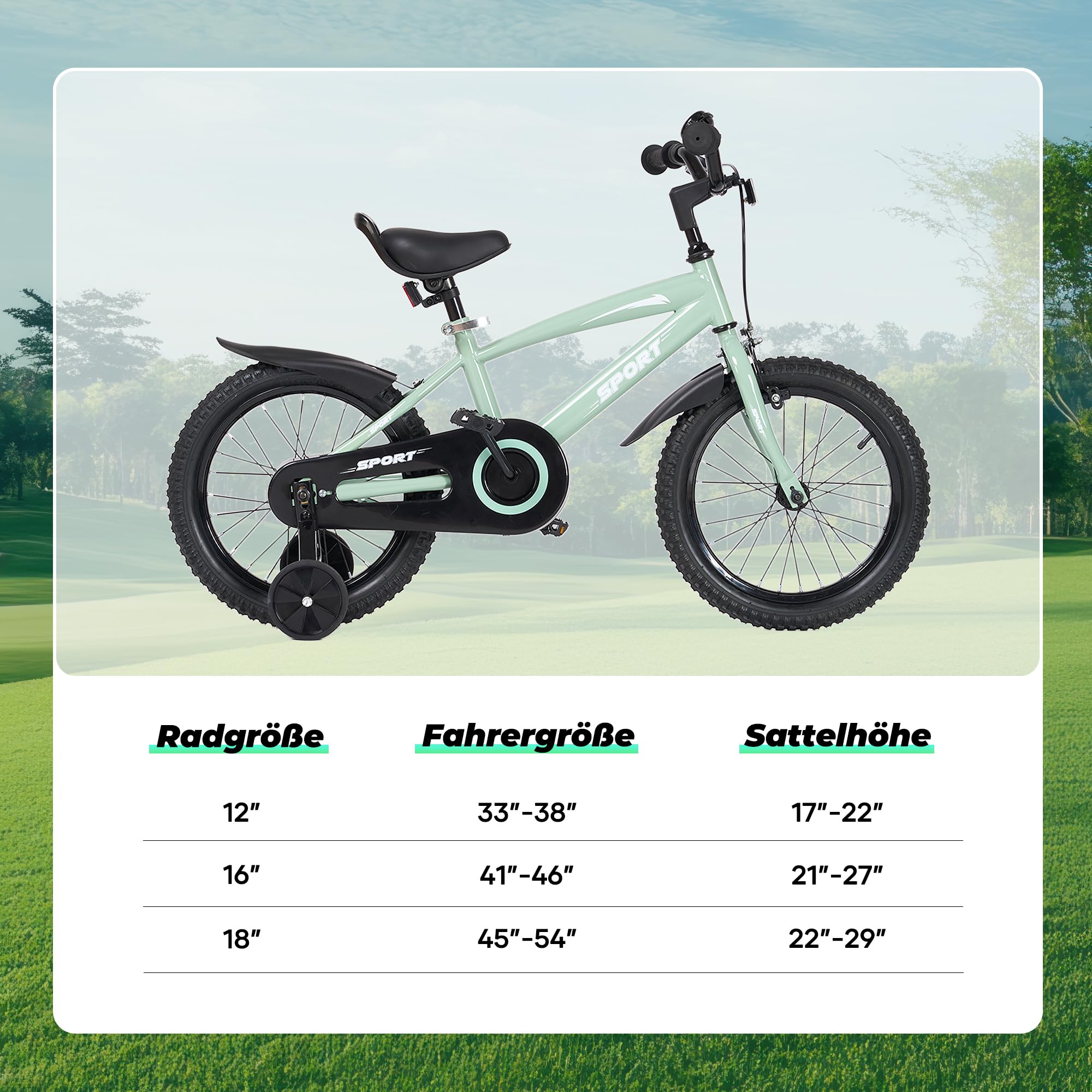 BODIOO Kinder Fahrrad 12 Zoll Kinderfahrrad mit verstellbarem Sitz, Dualbremsen, Stützrädern, Reflektor und Schutzblech, geeignet für Fahrer von 84 bis 97 cm
