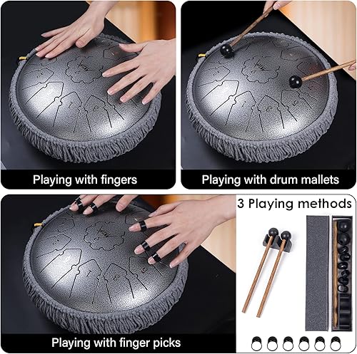 Miniatura 5 de AKLOT Tambor de lengua de acero, 12 pulgadas, 13 notas, instrumentos de percusión, tambor de mano con libro de música, mazos de tambor y bolsa de