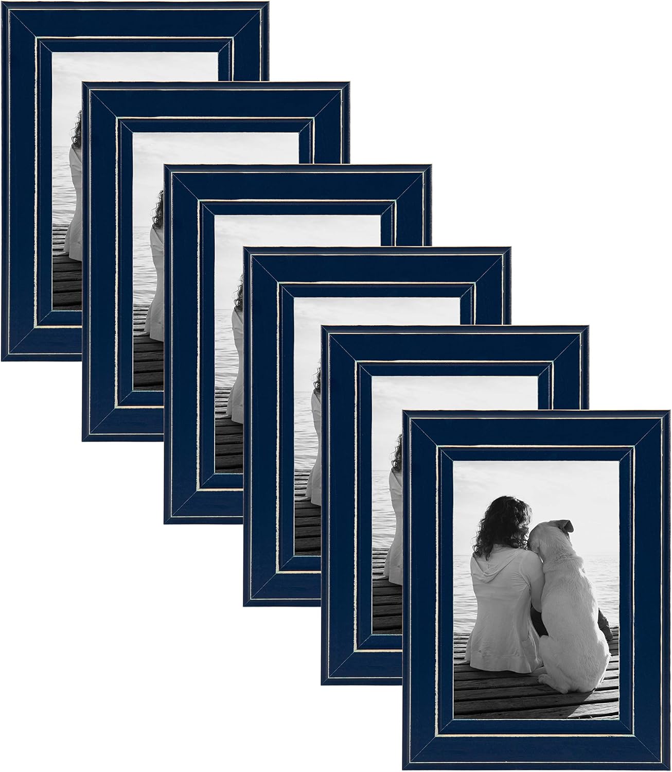 DesignOvation Kieva Solid Wood Picture Frame, Distressed Navy Blue 4x6, Pack of 6