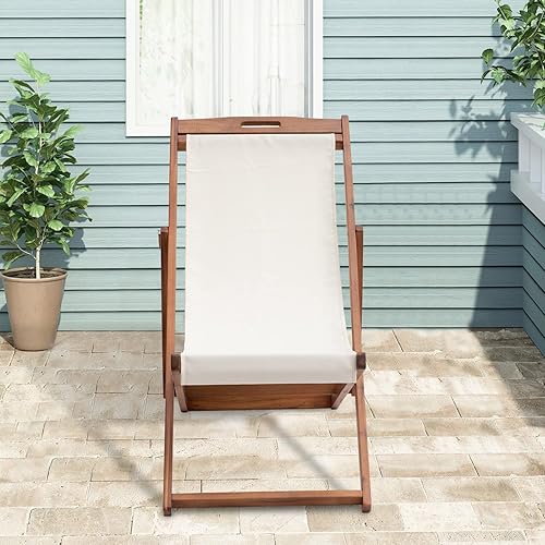 Miniatura 5 de Juego de 2 sillas de madera para patio al aire libre, silla de playa reclinable portátil, marco de madera maciza con lona de poliéster blanca, 3