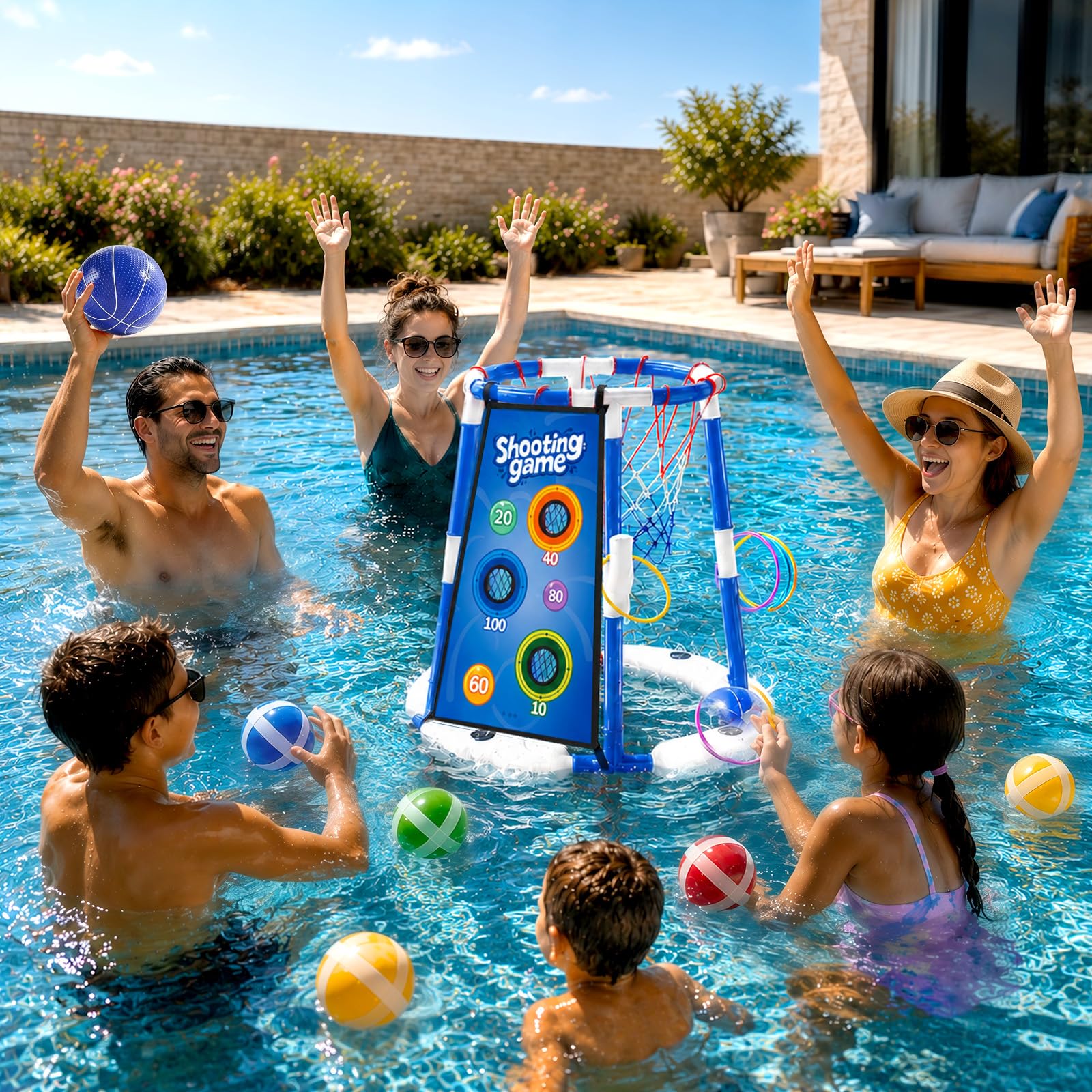 Canasta de baloncesto para piscina 3 en 1 al aire libre, canasta de baloncesto flotante, juguete para piscina con 4 pelotas de baloncesto, 12 bolas de lanzamiento, 12 anillos, juguete de piscina para