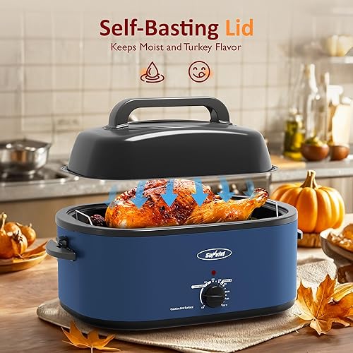 Miniatura 25 de Sunvivi Horno asador eléctrico de 24 cuartos de galón con tapa visible autohilvanado, horno asador de pavo con sartén y estante extraíbles, perfecto