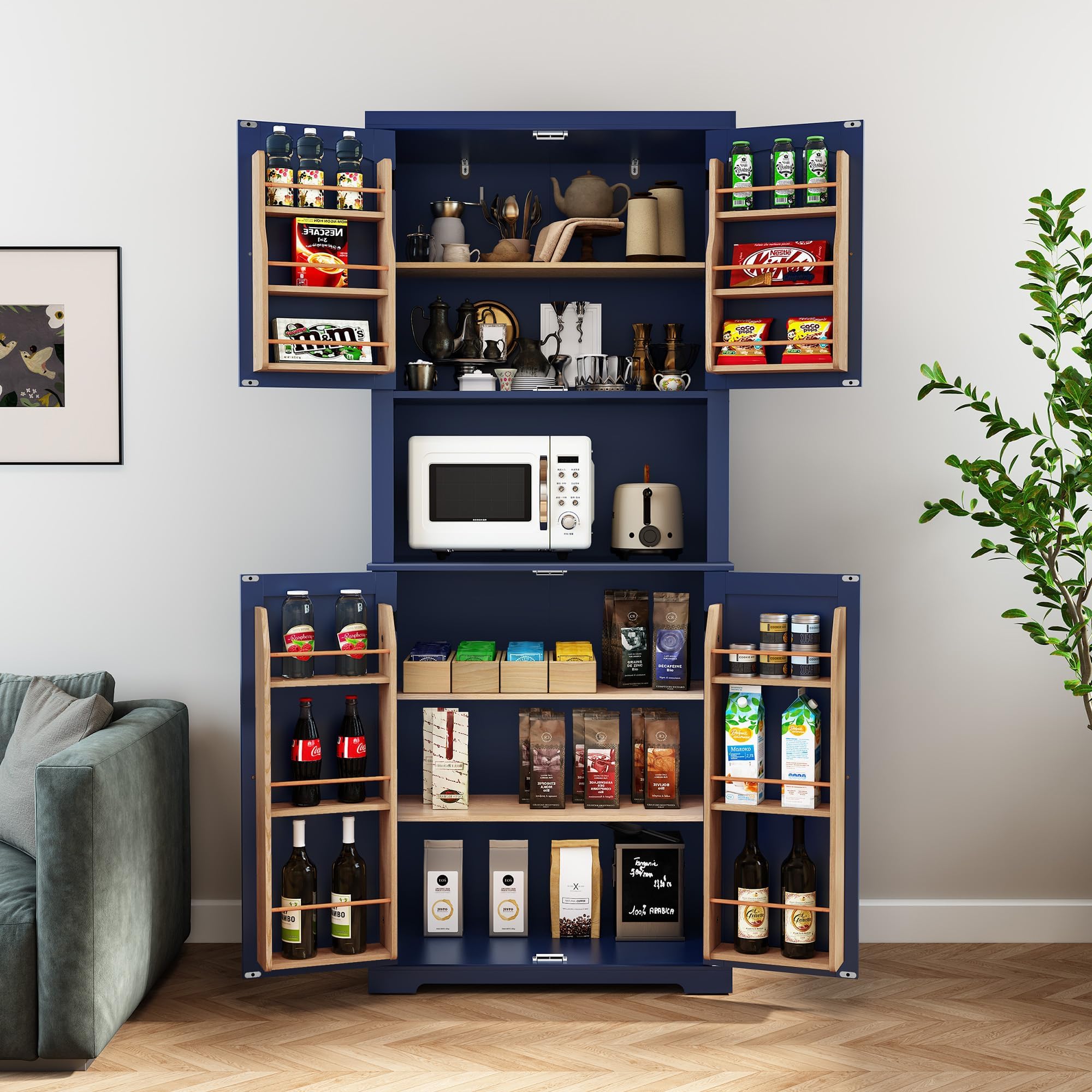 HLR 72" Kitchen Pantry Storage Cabinet, Freestanding Larder Cupboard, Kitchen Hutch Cabinet with Microwave Stand,Utility Pantry with Doors and Shelves for Dining Room, Living Room